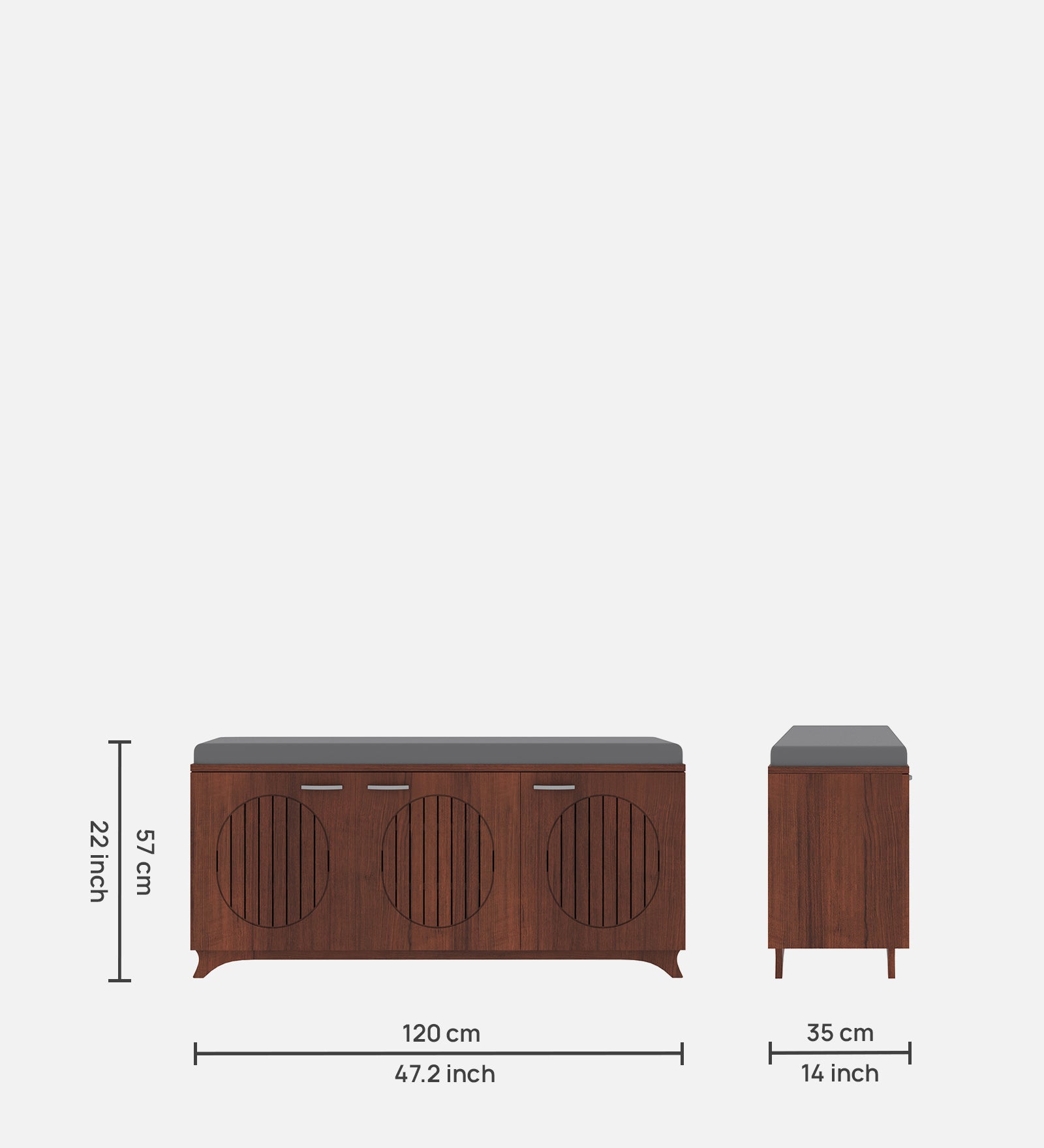 Gladiolus Three Door Shoe Racks in Walnut Colour with Seating - additional angle 8
