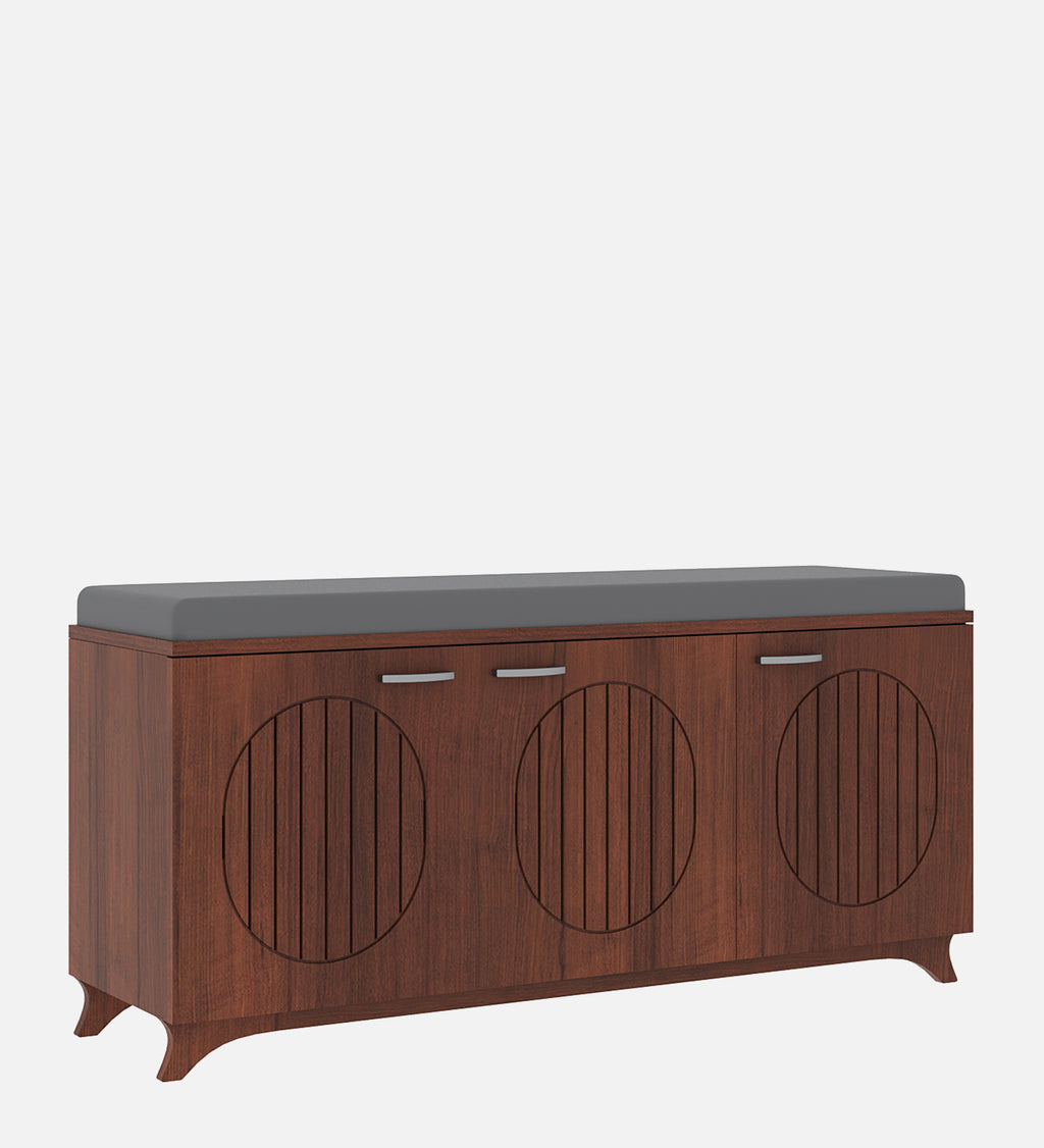 Gladiolus Three Door Shoe Racks in Walnut Colour with Seating - additional angle