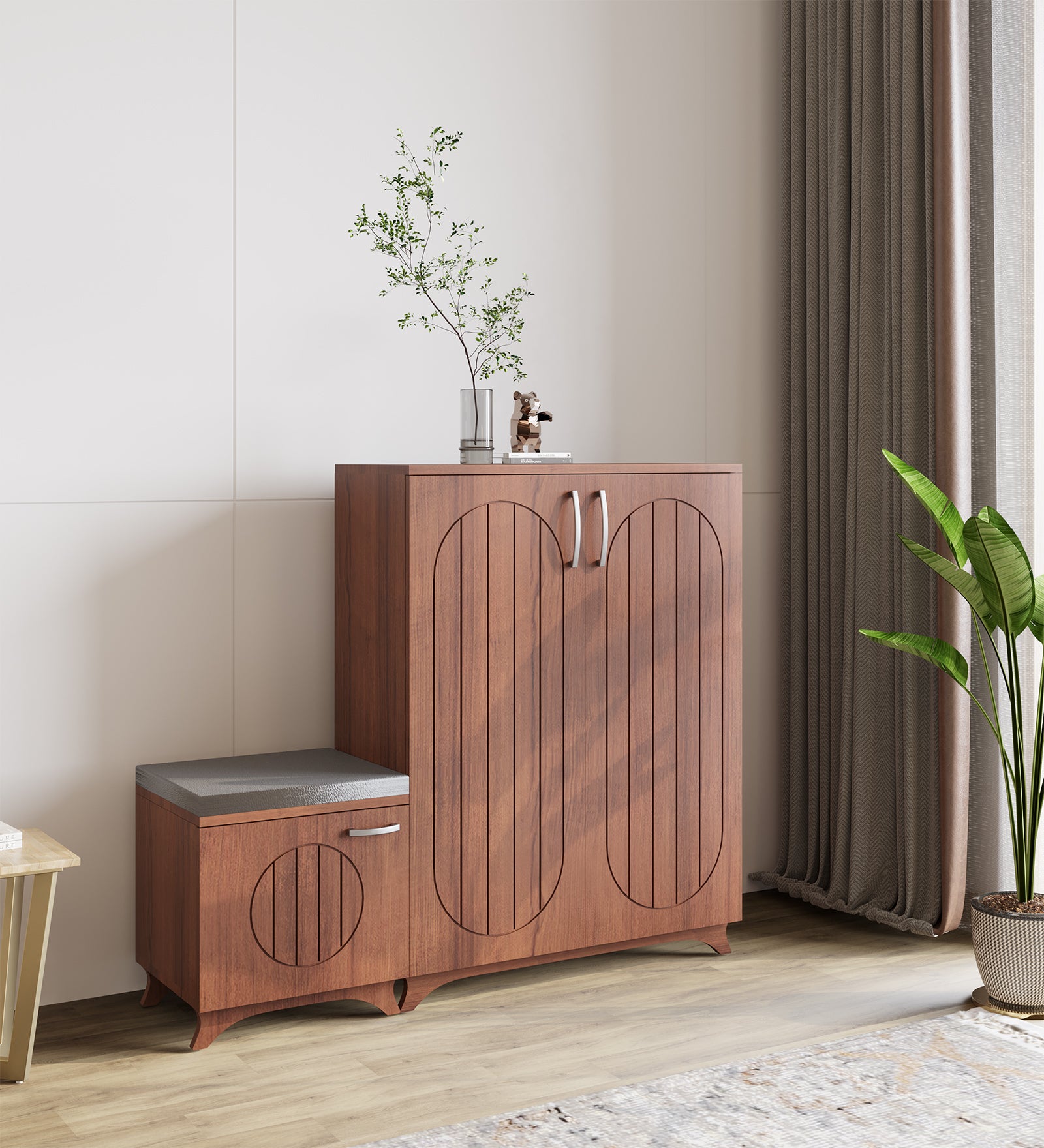 Oscar Shoe Rack with Seating - Walnut Finish - additional angle 6