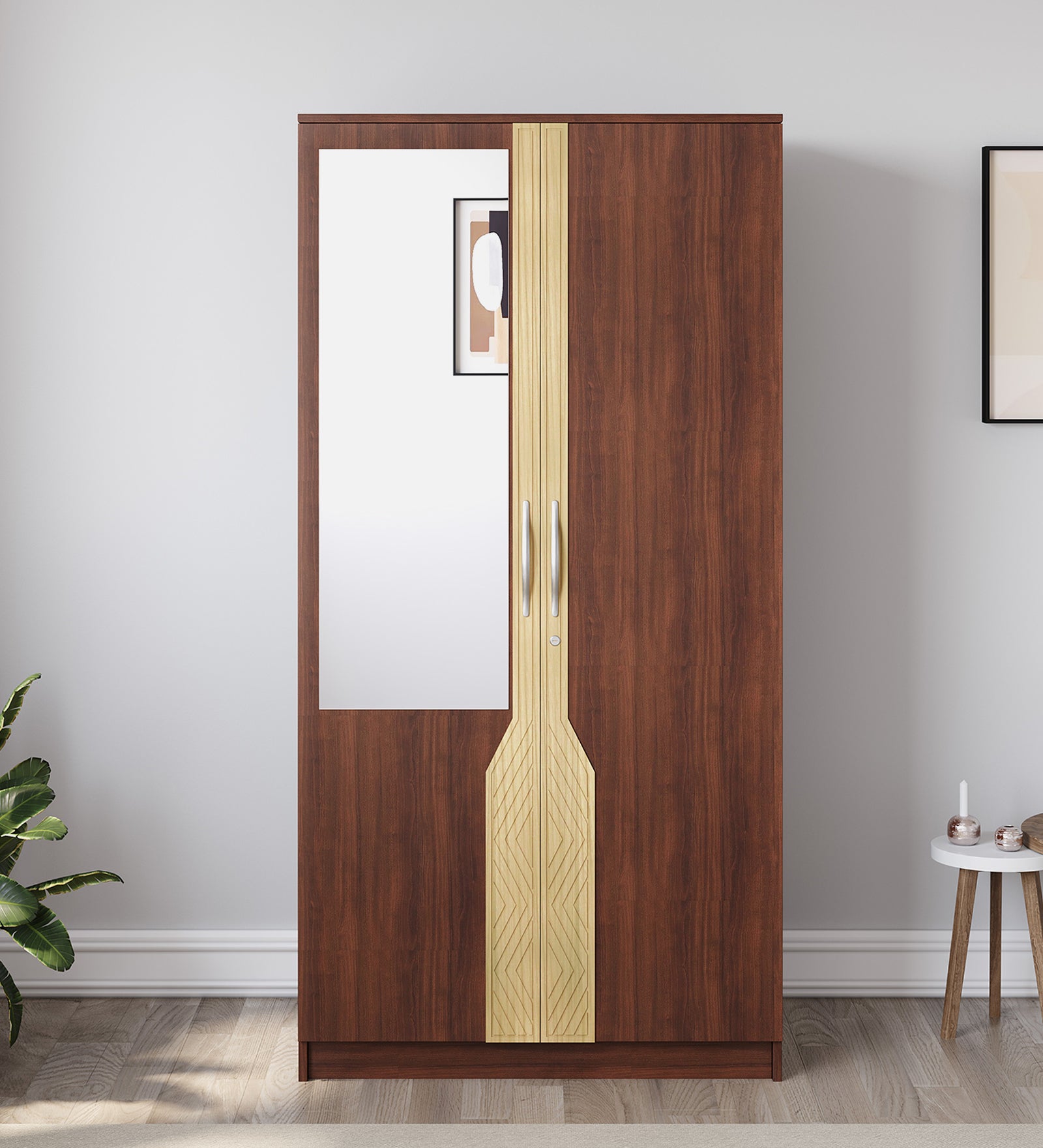 Dario 2 Door Wardrobe with Mirror - Walnut & Natural Wood