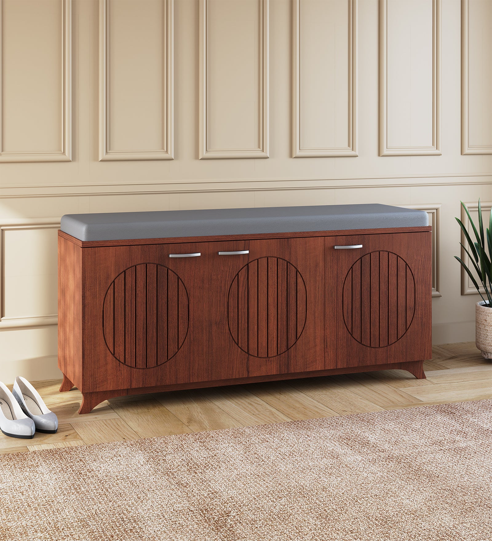 Gladiolus Three Door Shoe Racks in Walnut Colour with Seating - additional angle 4