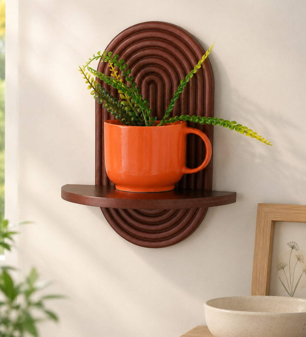 Set of Two Carved Wall Shelves - Walnut Finish