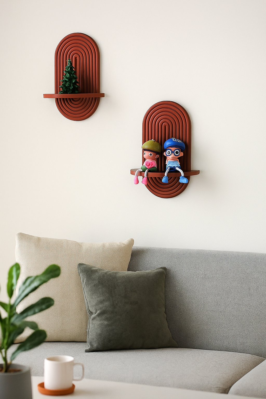 Set of Two Carved Wall Shelves - Walnut Finish - feature highlight graphic