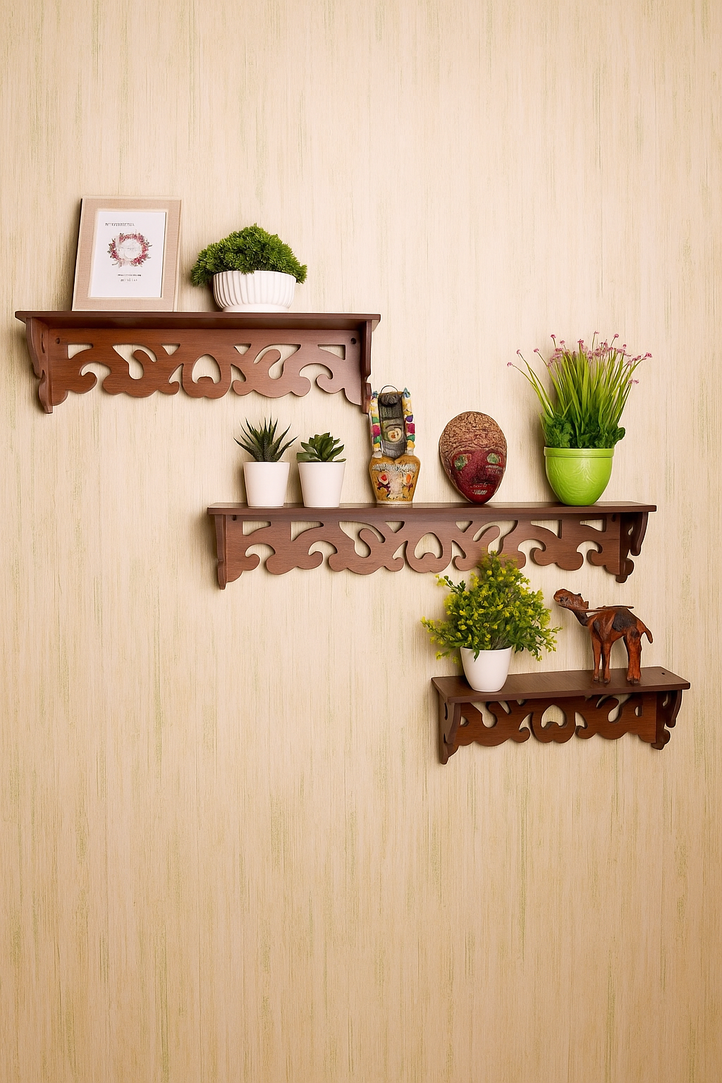 3-Shelf Wall Decor Shelf - Brown Finish - feature highlight graphic