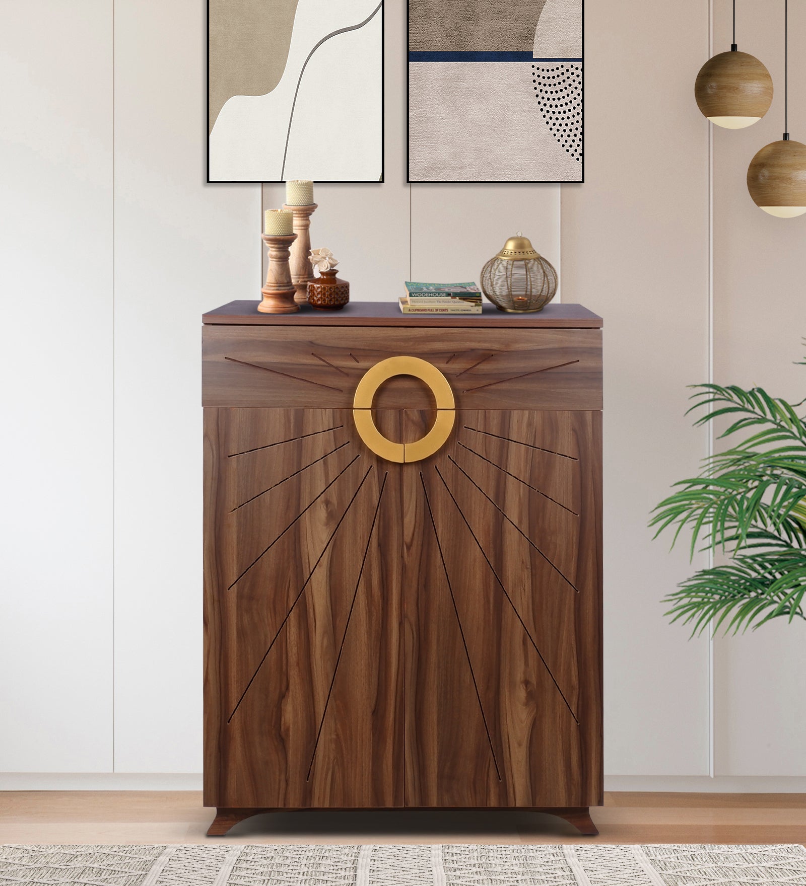 Aster 16-Pairs 2 Door Shoe Cabinet with Drawer - Walnut Finish - additional angle 4