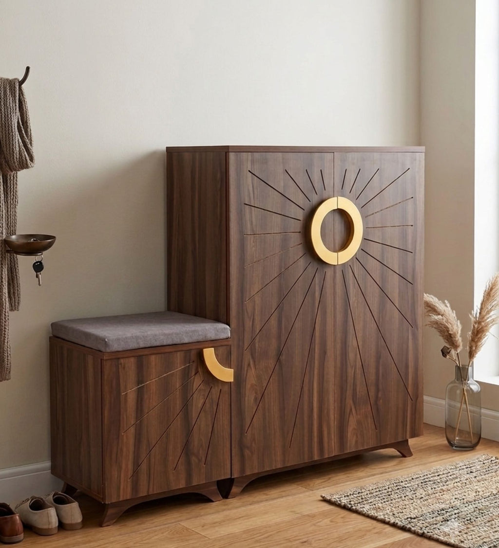 Ariel 23-Pairs 3 Door Shoe Cabinet with Seating | Walnut Finish