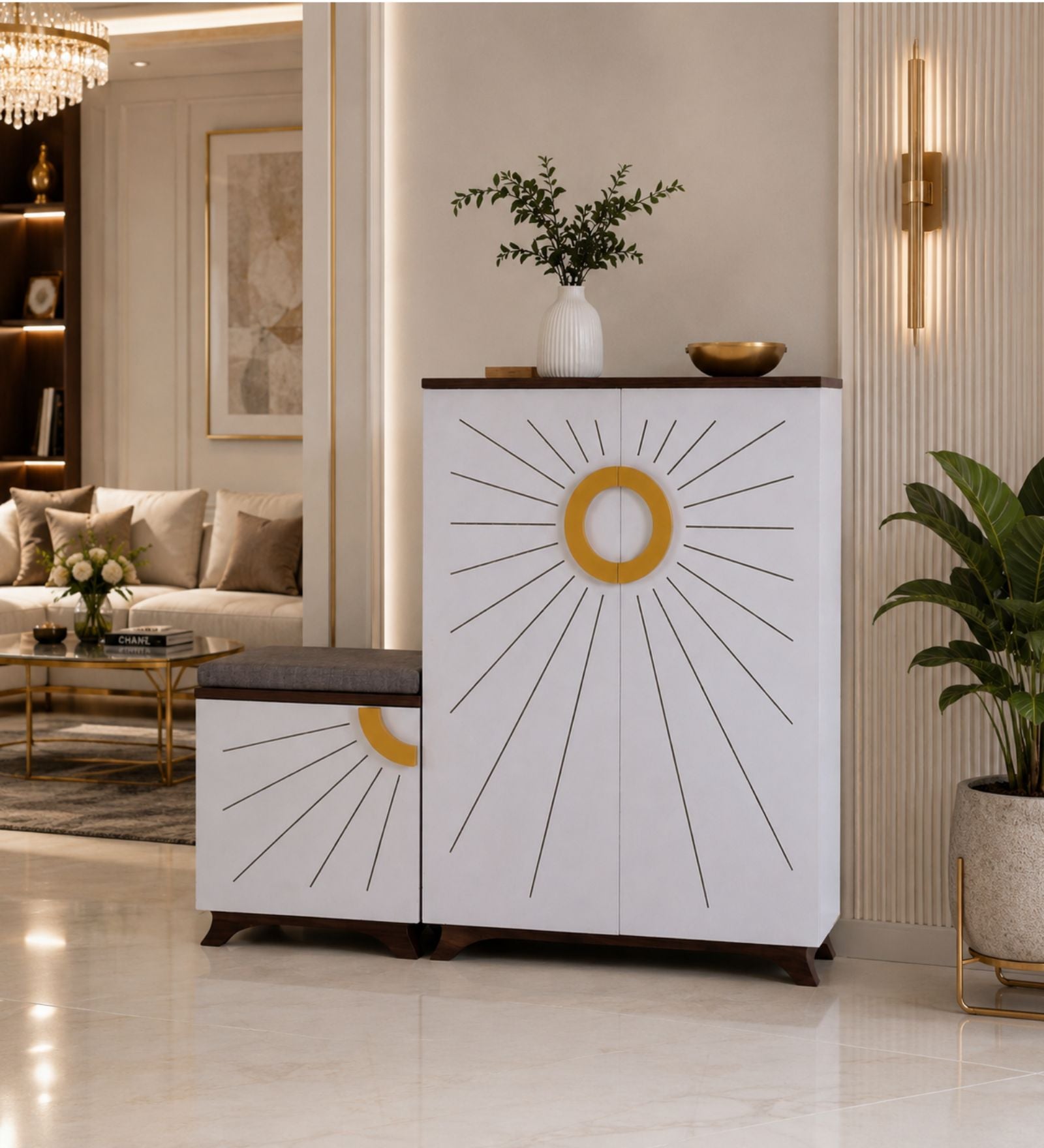 Ariel 23-Pairs 3 Door Shoe Cabinet with Seating | White Finish