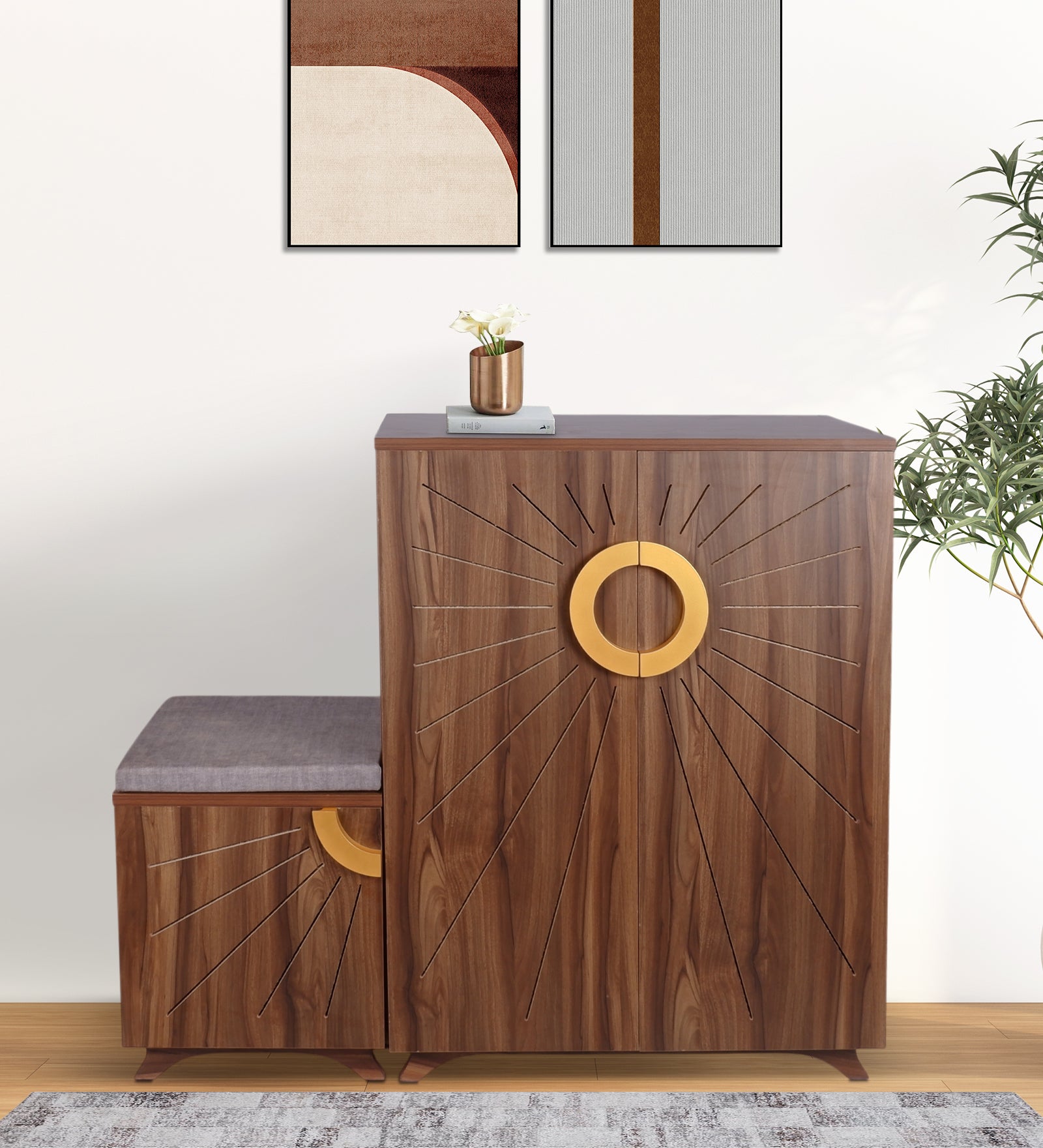 Ariel 23-Pairs 3 Door Shoe Cabinet with Seating | Walnut Finish
