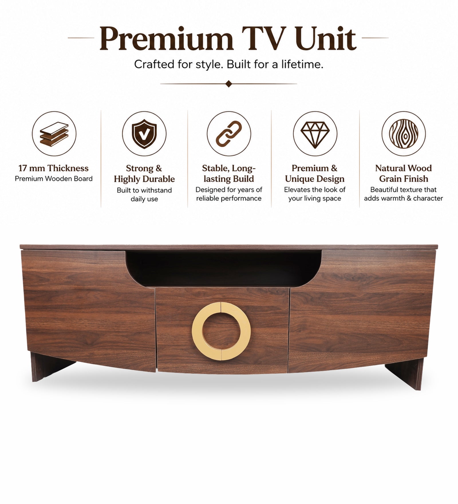 RayTrees Golden Handle TV Unit | Wood Finish
