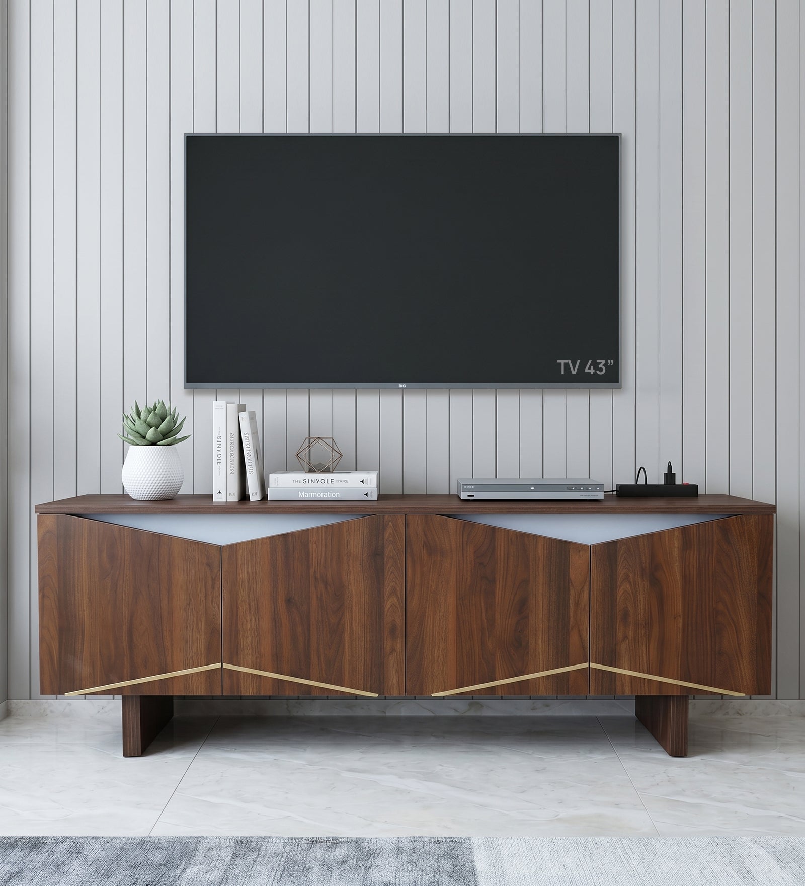 RayTrees Hexagonal Golden Strip TV Unit | Walnut Finish