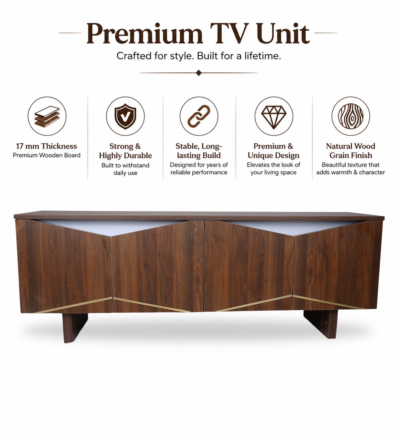 RayTrees Hexagonal Golden Strip TV Unit | Walnut Finish