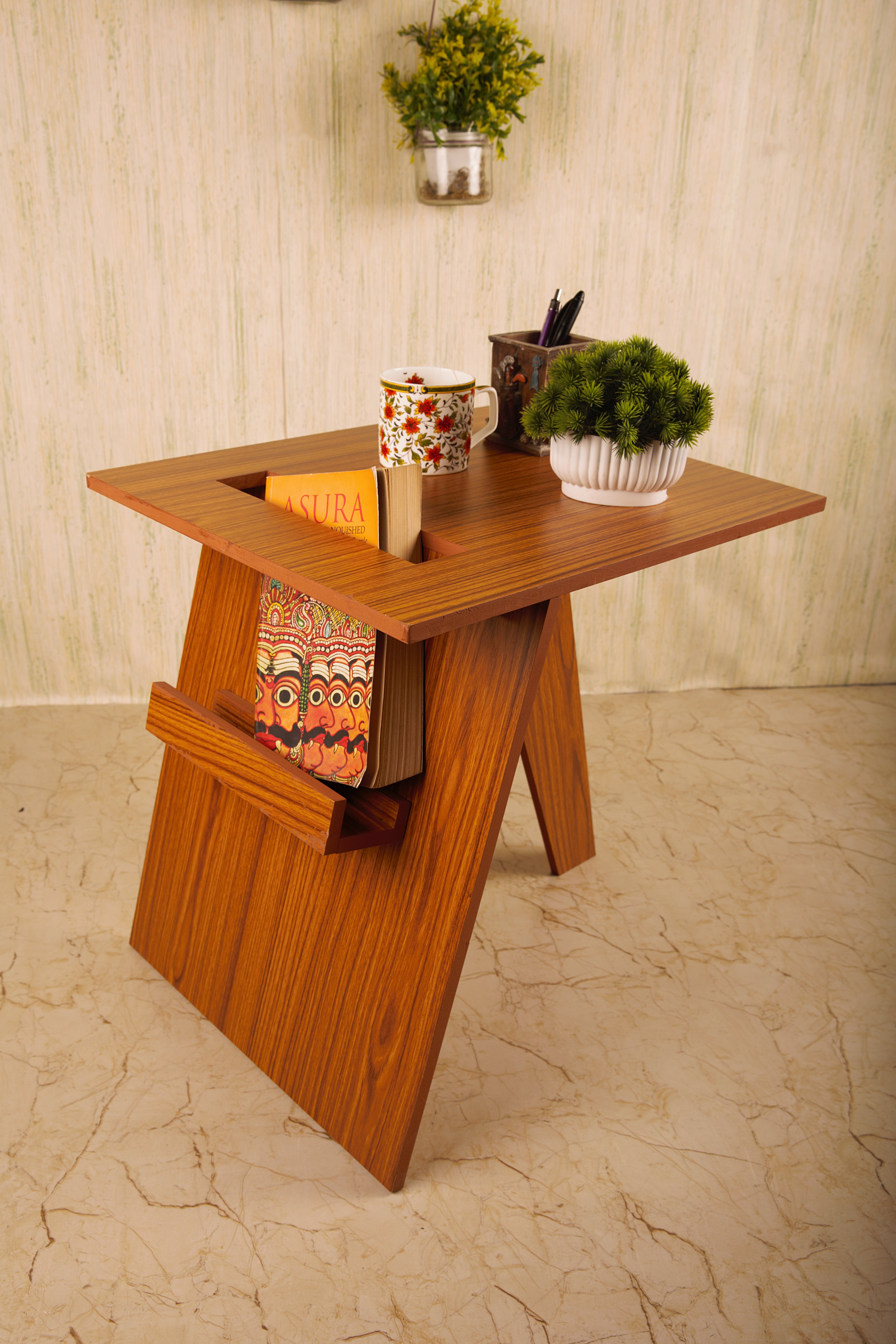 Stylish End Table - Walnut Teak Finish, Metal Frame - additional angle