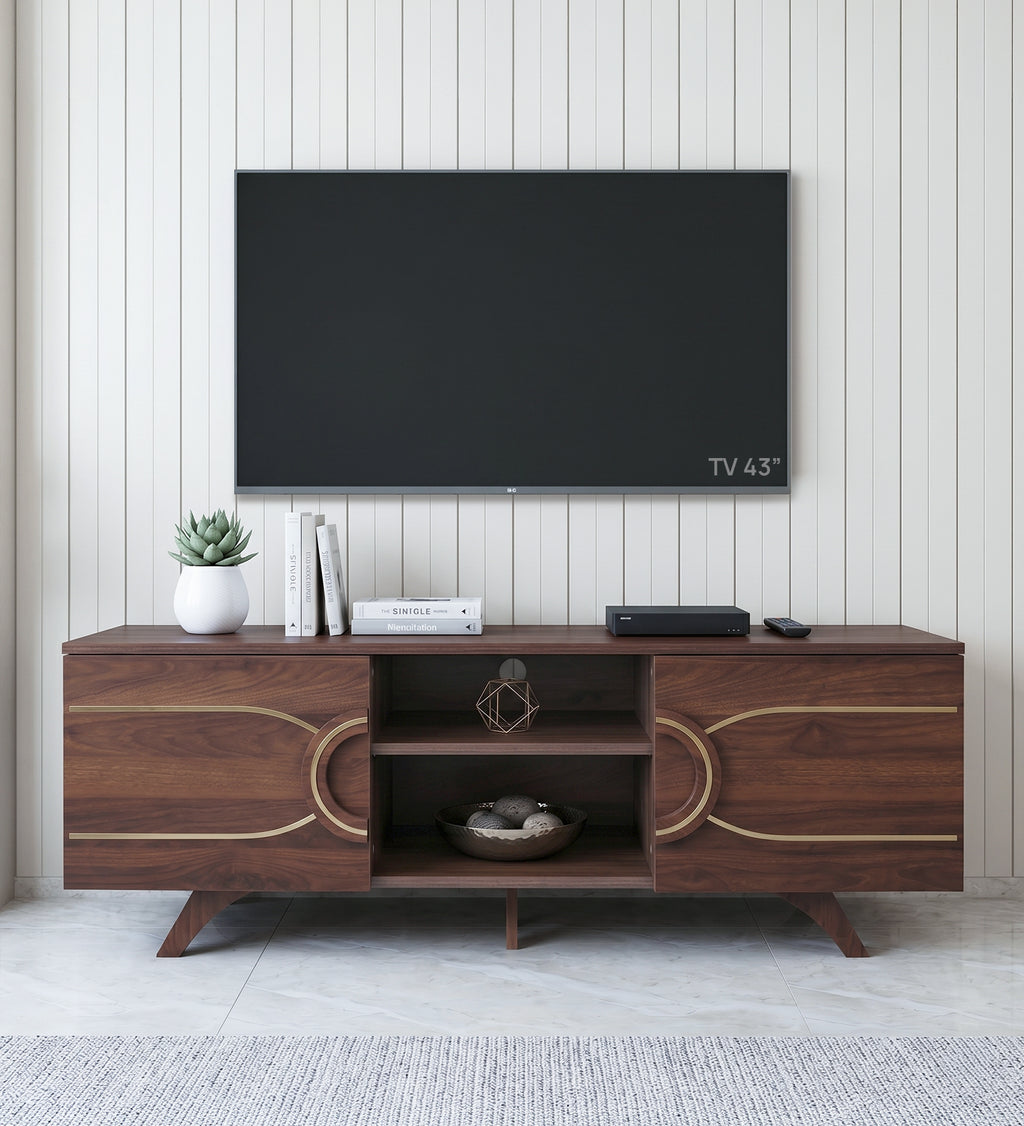 RayTrees Curved Strip Handle TV Unit | Walnut Finish