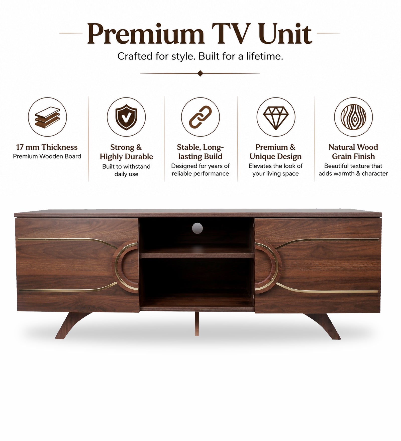 RayTrees Curved Strip Handle TV Unit | Walnut Finish