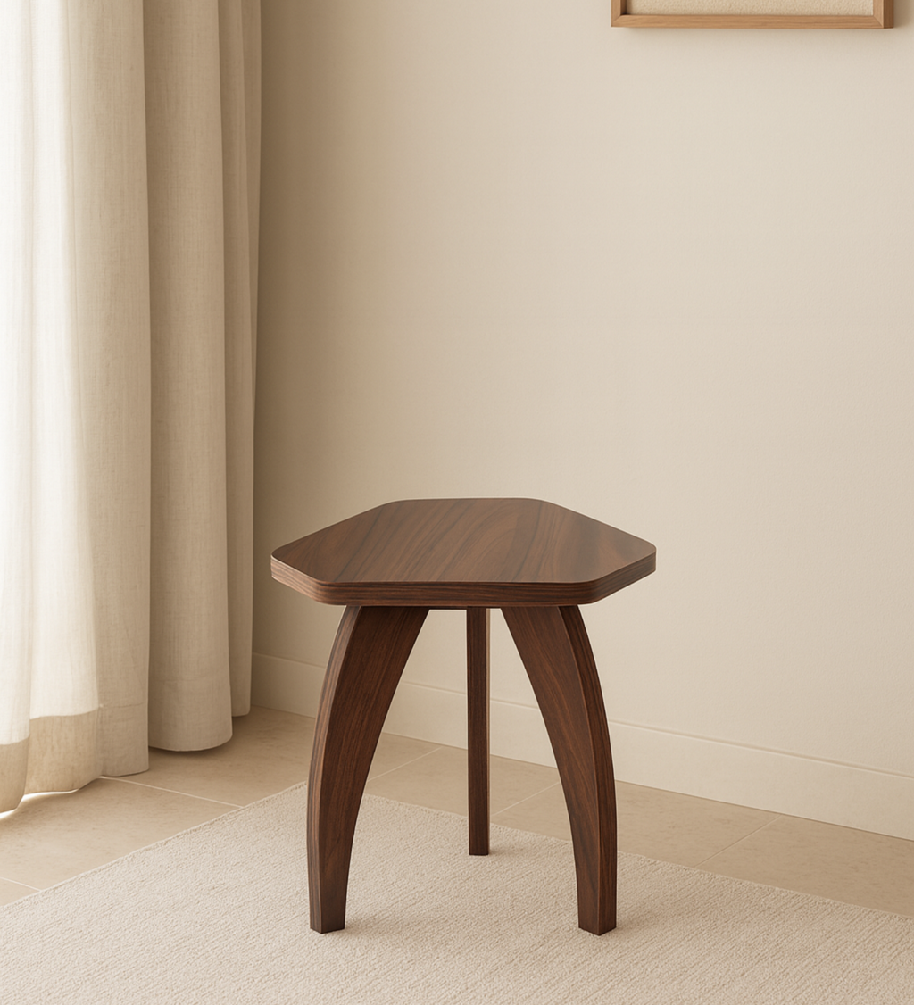 RayTrees Three Leg Pentagon Table | Walnut Finish Stool