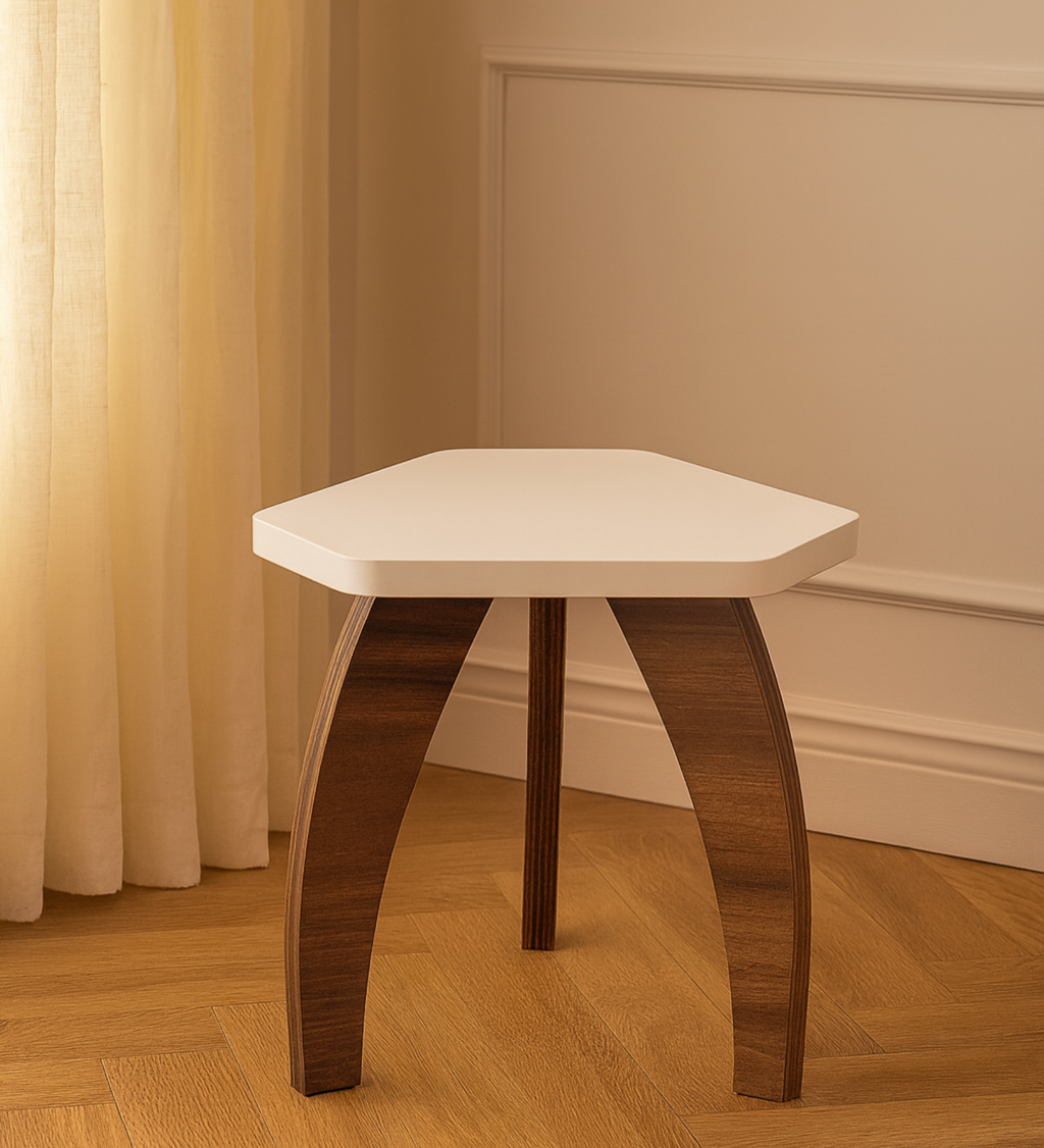 RayTrees Three Leg Pentagon Table | White Finish Stool