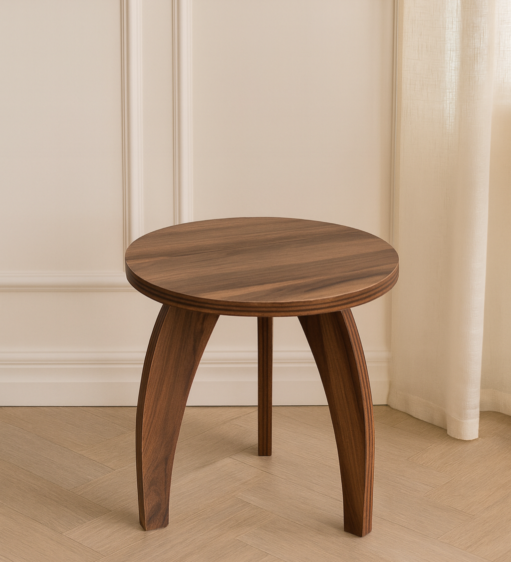 RayTrees Three Leg Round Table | Walnut Finish Stool