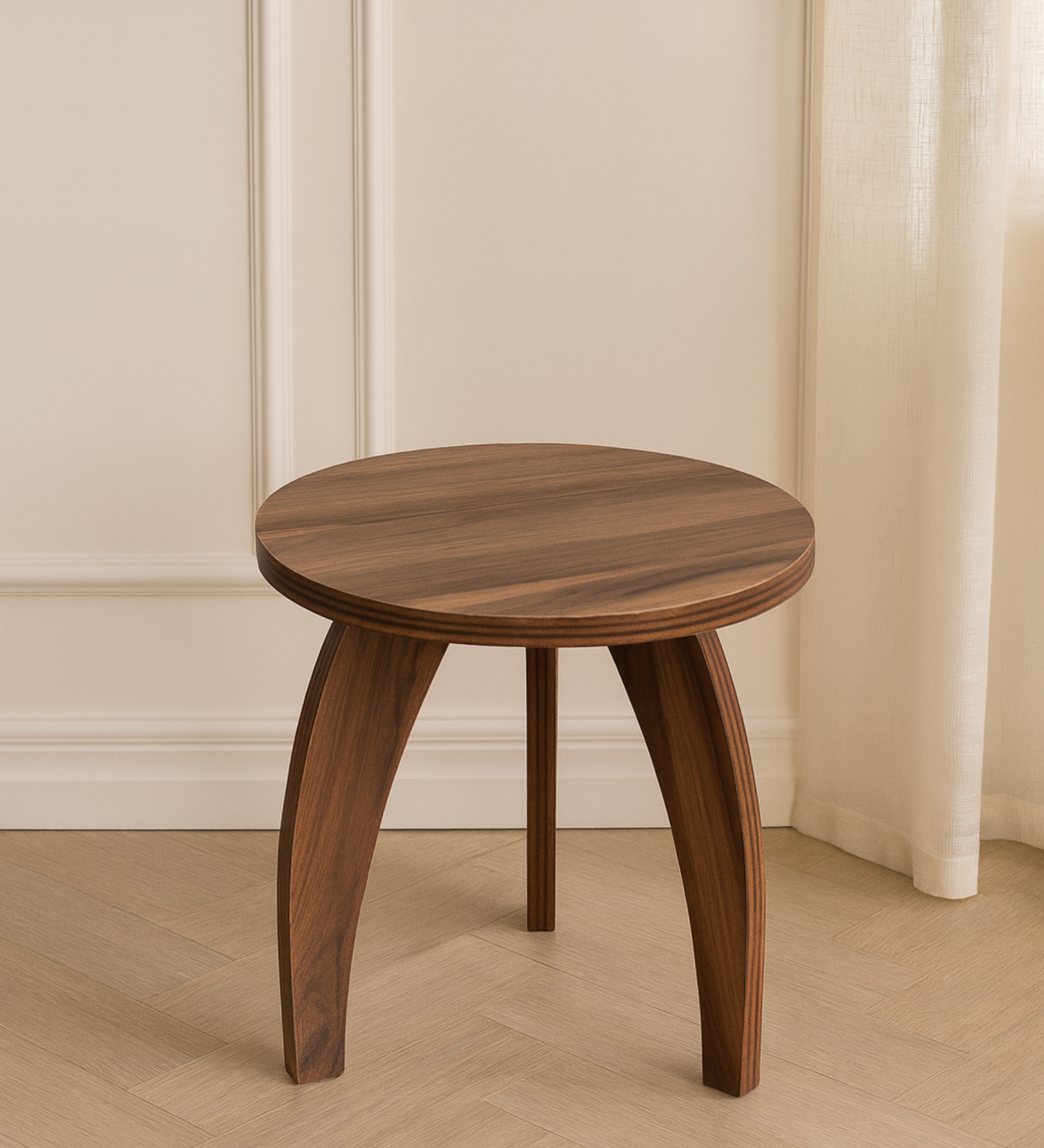 RayTrees Three Leg Round Table | Walnut Finish Stool