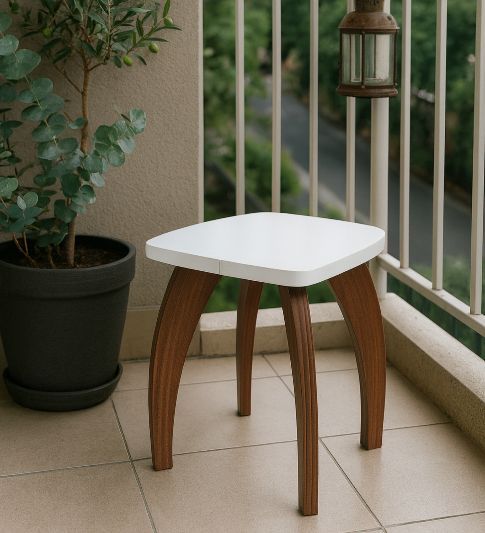 RayTrees Four Leg Square Table/Stool | White Finish