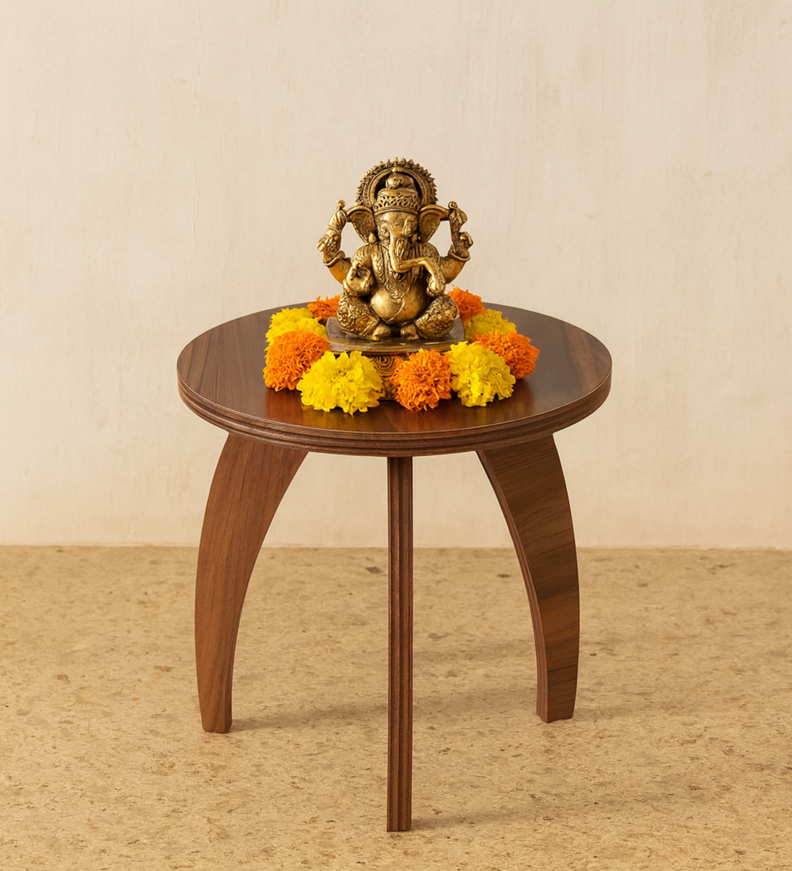 RayTrees Three Leg Round Table | Walnut Finish Stool