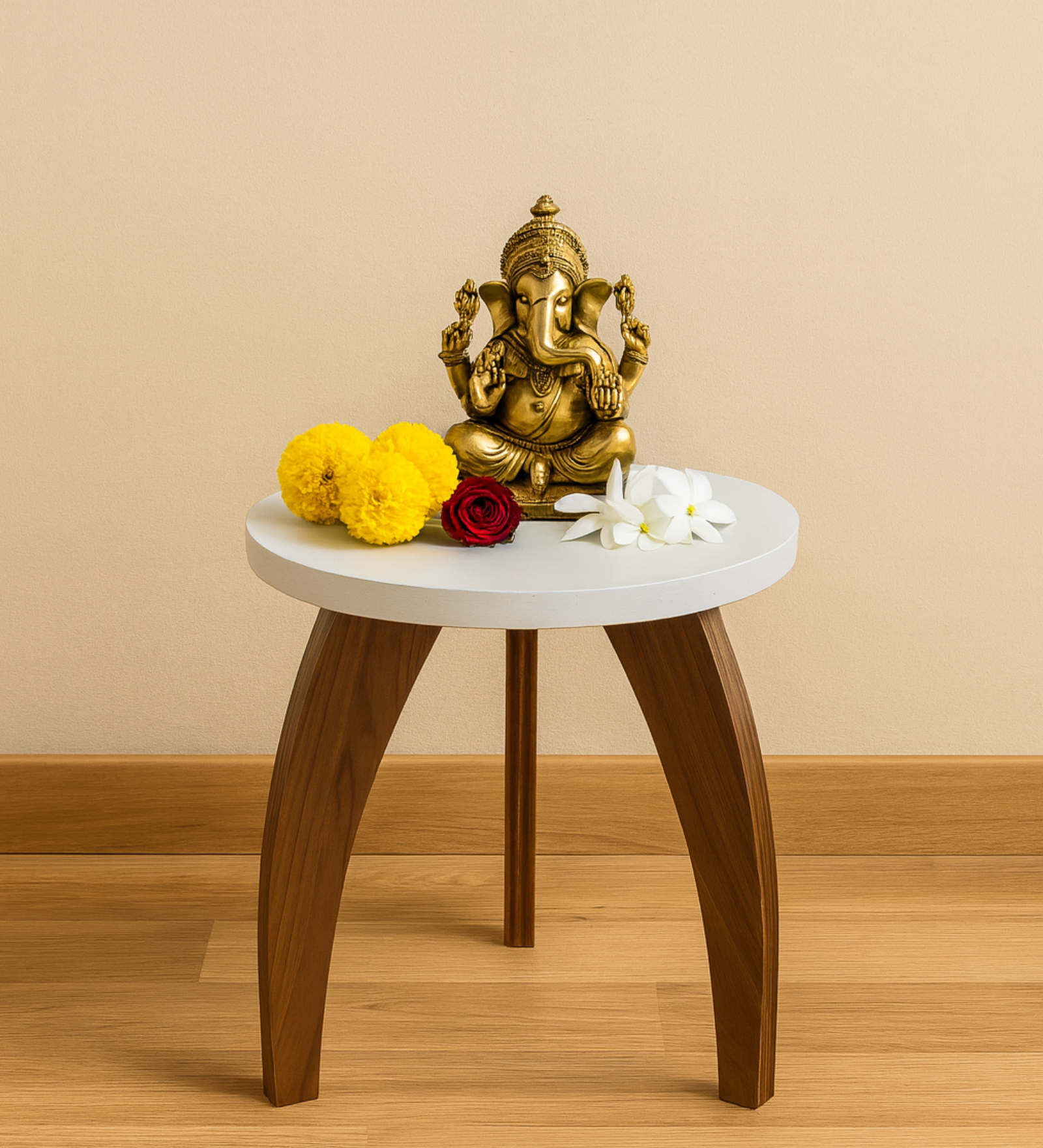 RayTrees Three Leg Round Table | White Finish Stool