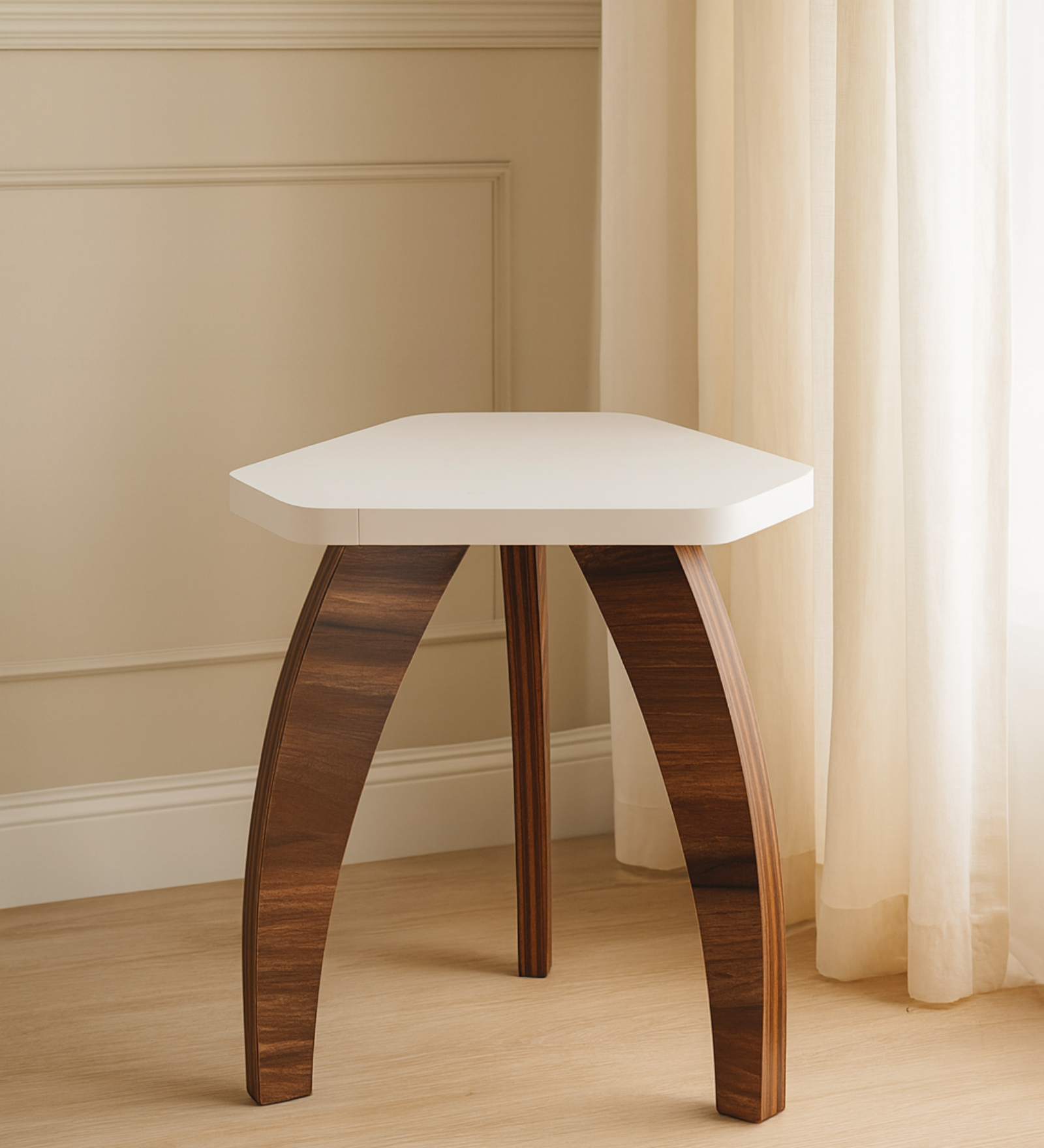 RayTrees Three Leg Pentagon Table | White Finish Stool