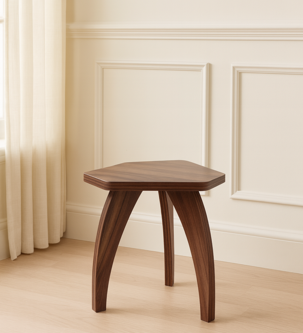 RayTrees Three Leg Pentagon Table | Walnut Finish Stool
