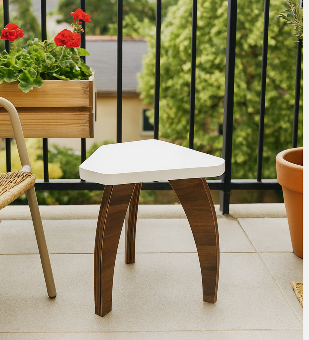 RayTrees Three Leg Pentagon Table | White Finish Stool
