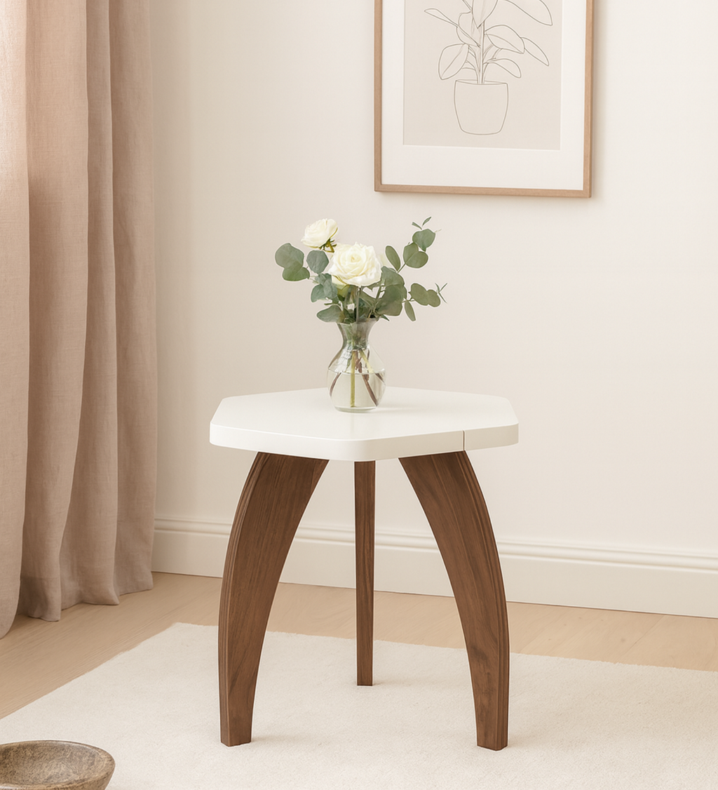 RayTrees Hexa Table | White Finish Stool &amp; Side Table