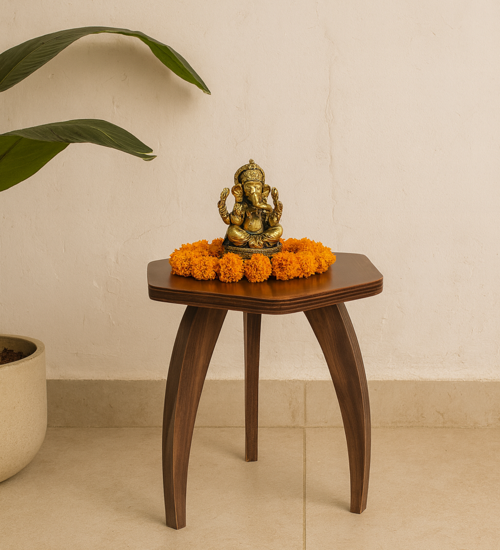 RayTrees Three Leg Pentagon Table | Walnut Finish Stool