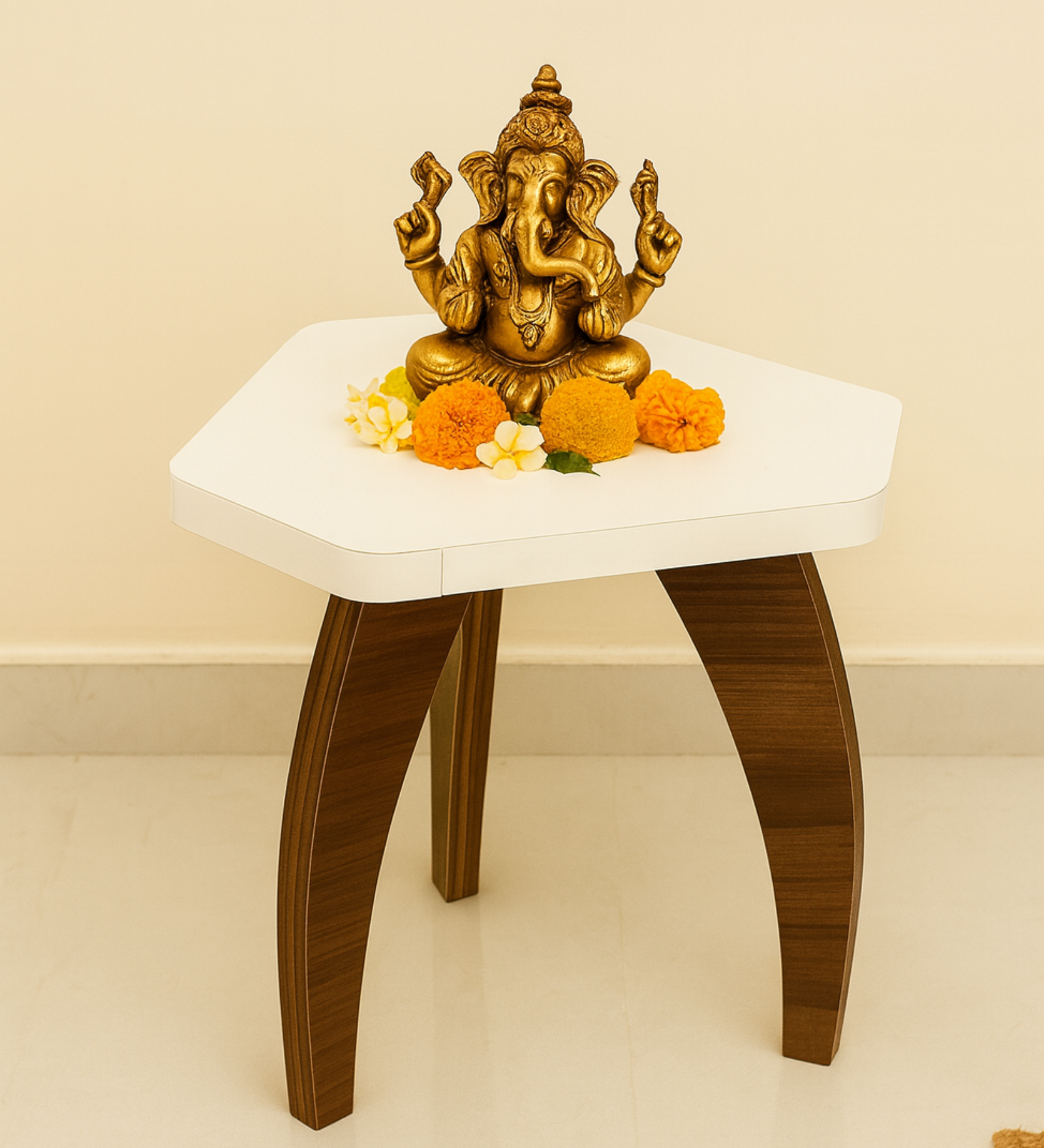 RayTrees Three Leg Pentagon Table | White Finish Stool