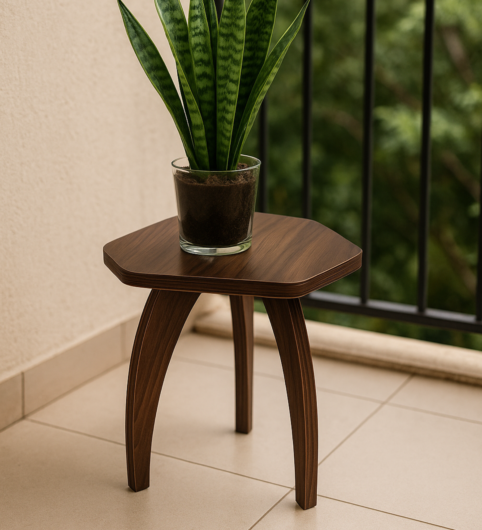 RayTrees Three Leg Pentagon Table | Walnut Finish Stool