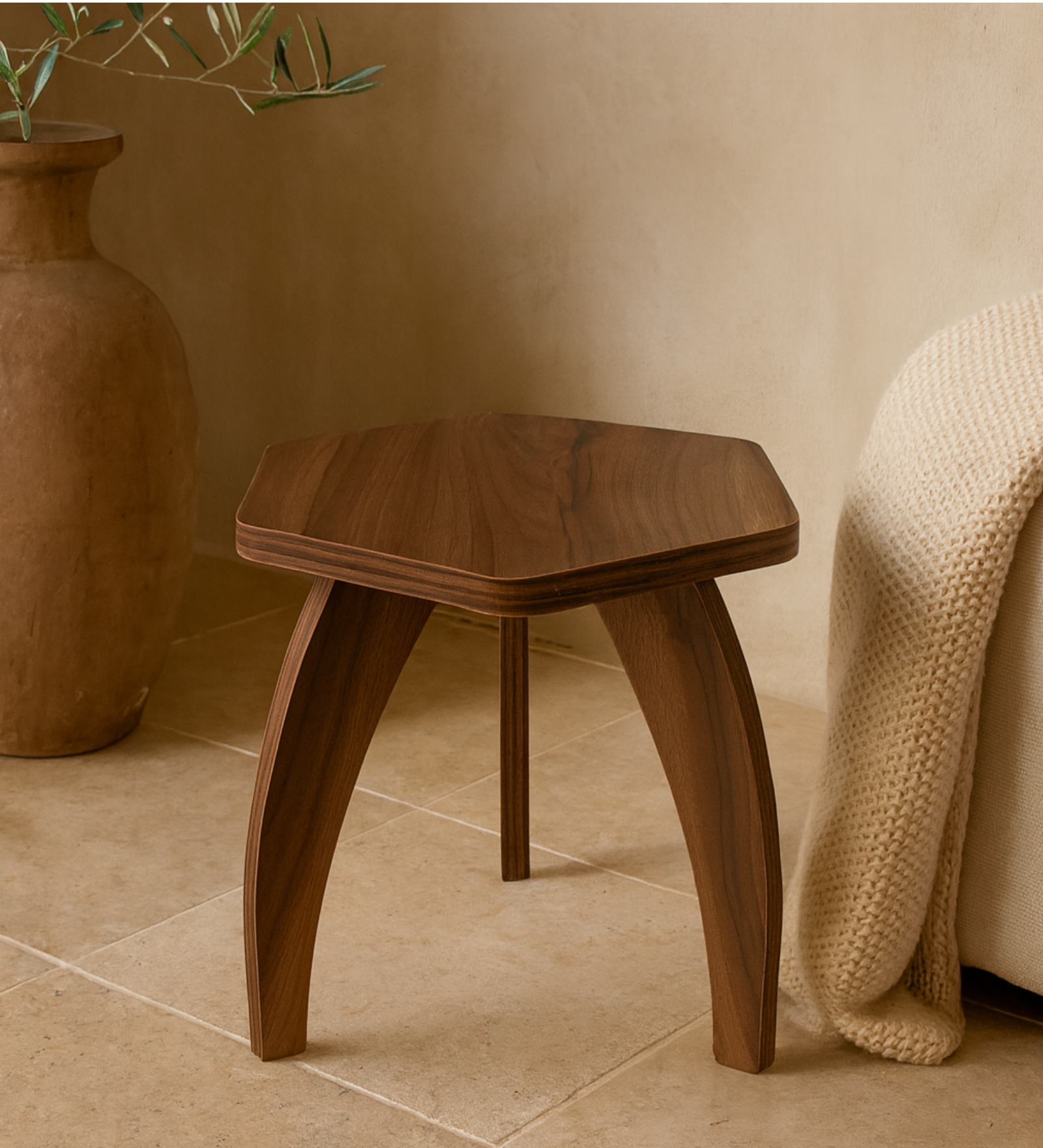 RayTrees Hexa Table | Walnut Finish Stool &amp; Side Table