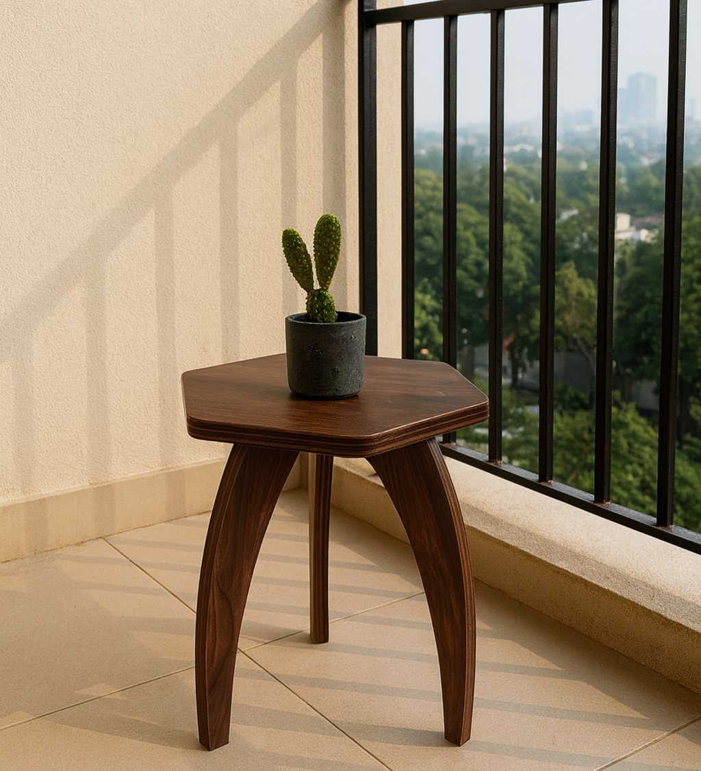 RayTrees Hexa Table | Walnut Finish Stool &amp; Side Table