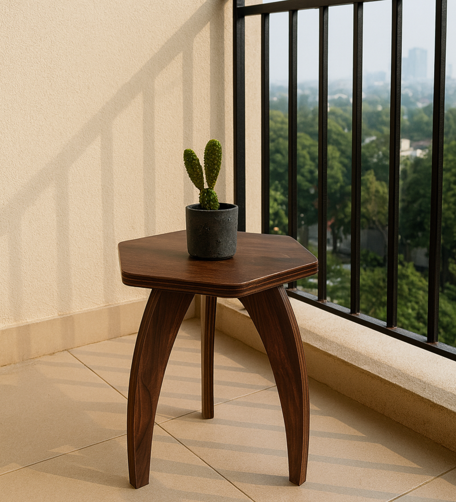RayTrees Hexa Table | Walnut Finish Stool &amp; Side Table