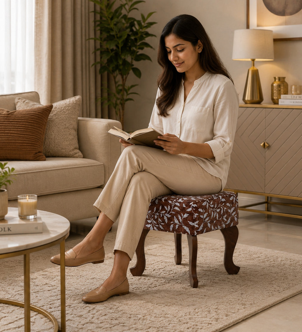 RayTrees Butterfly-Shaped Ottoman | Walnut Finish with Shelves