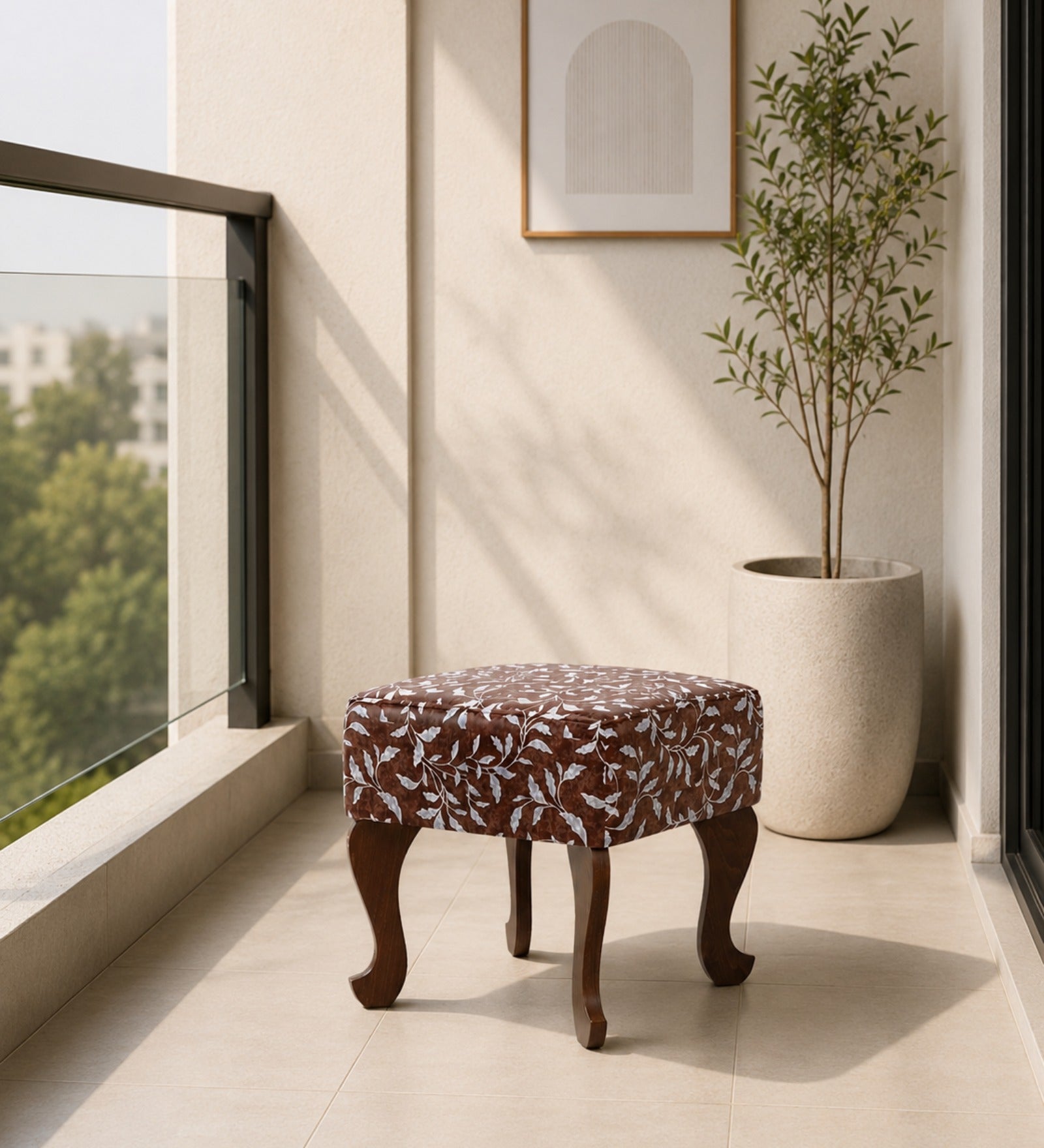 RayTrees Butterfly-Shaped Ottoman | Walnut Finish with Shelves