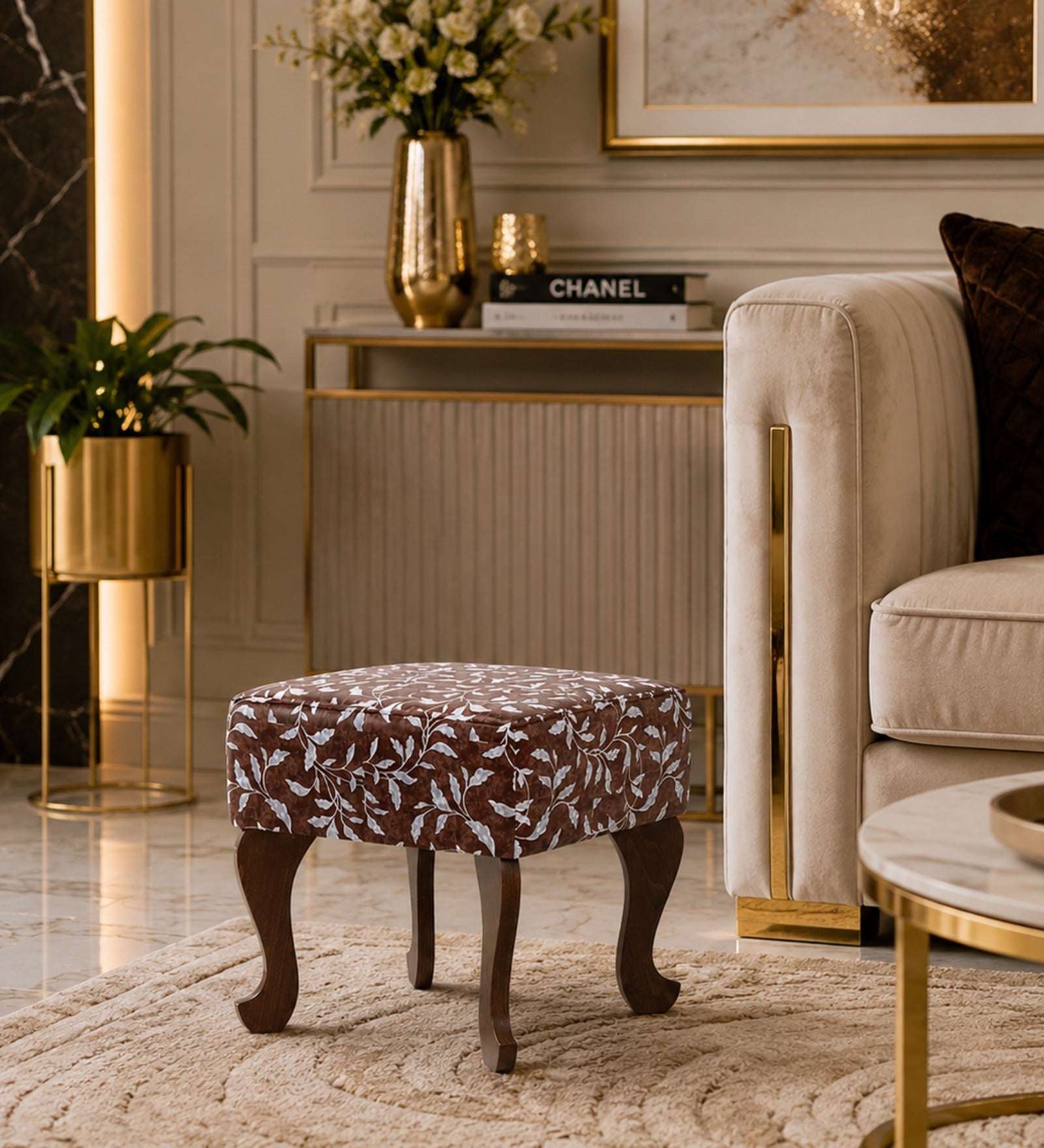 RayTrees Butterfly-Shaped Ottoman | Walnut Finish with Shelves