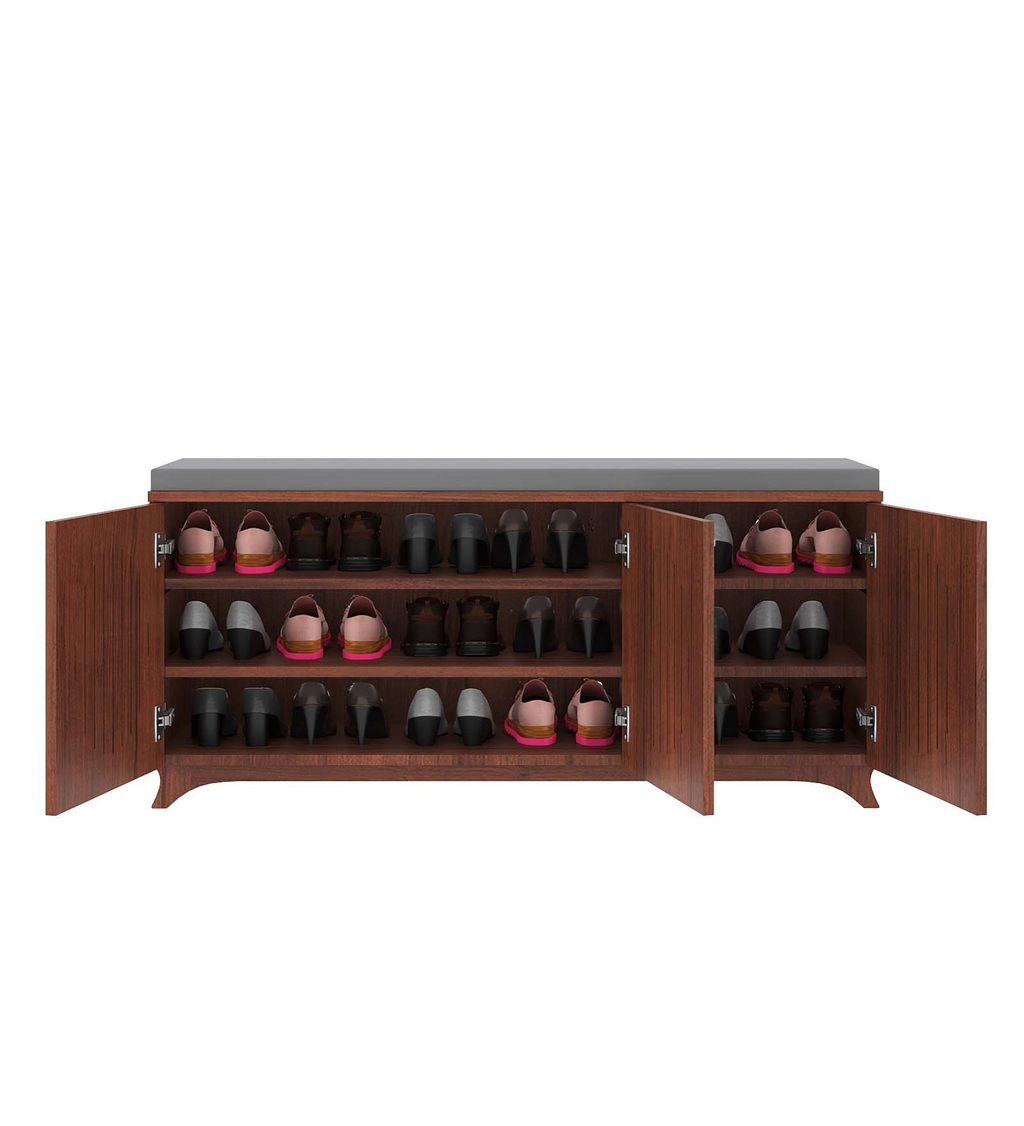 Gladiolus Three Door Shoe Racks in Walnut Colour with Seating - additional angle 5