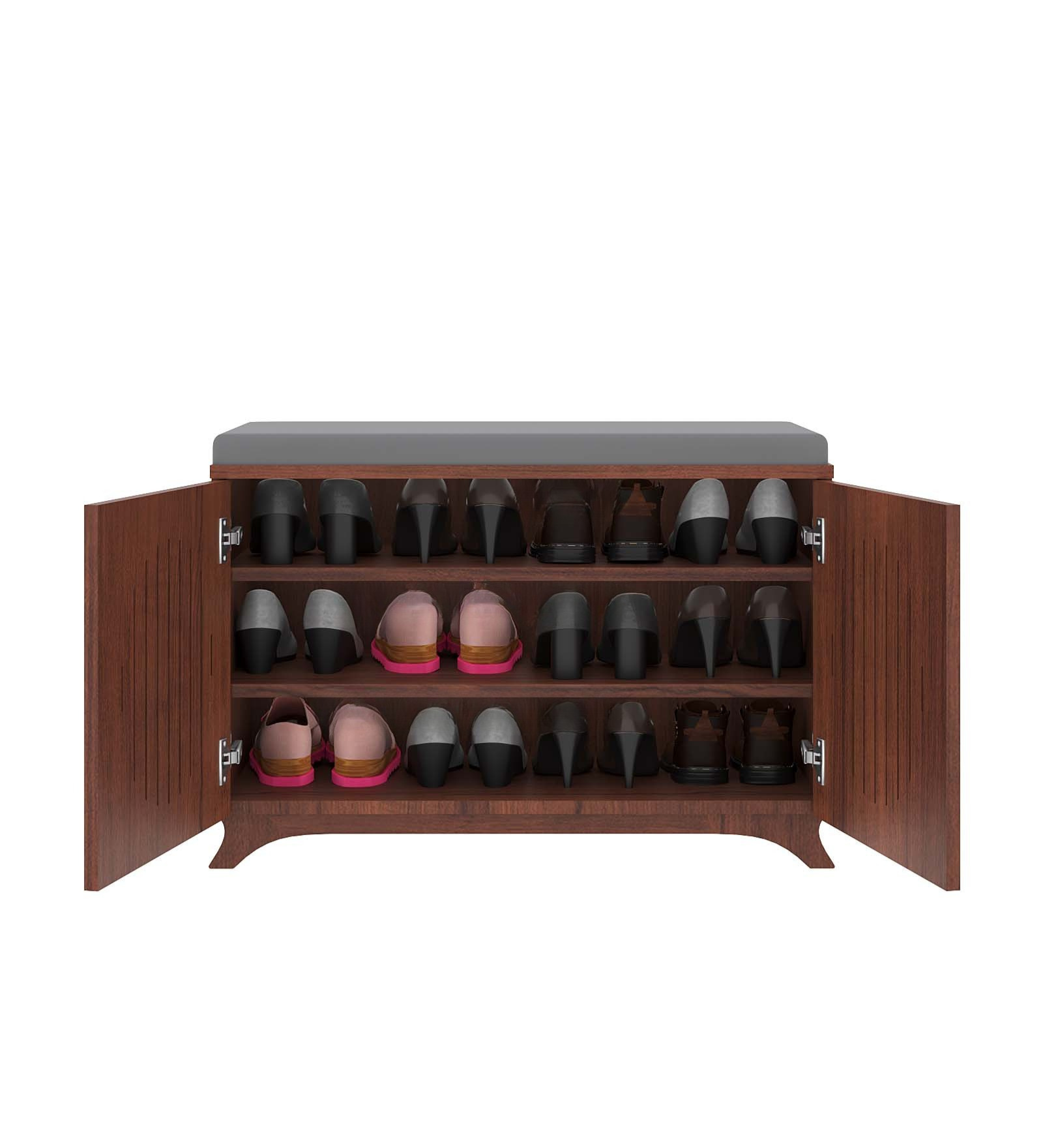 Clove 2 Door Shoe Rack with Seating - Walnut Finish - additional angle 6