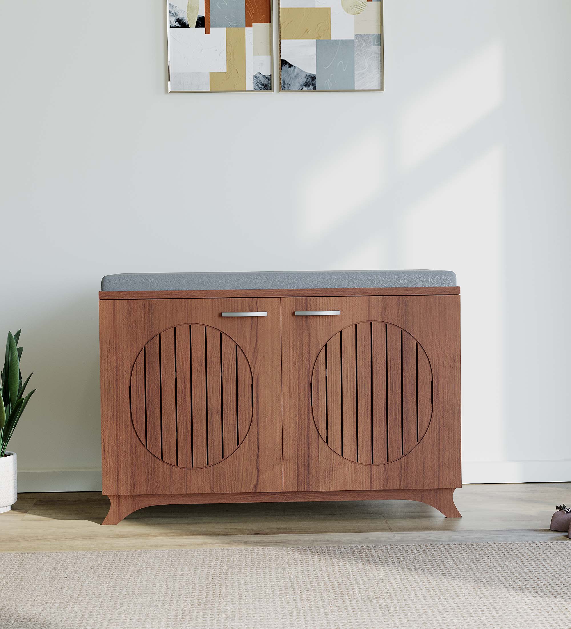 Clove 2 Door Shoe Rack with Seating - Walnut Finish