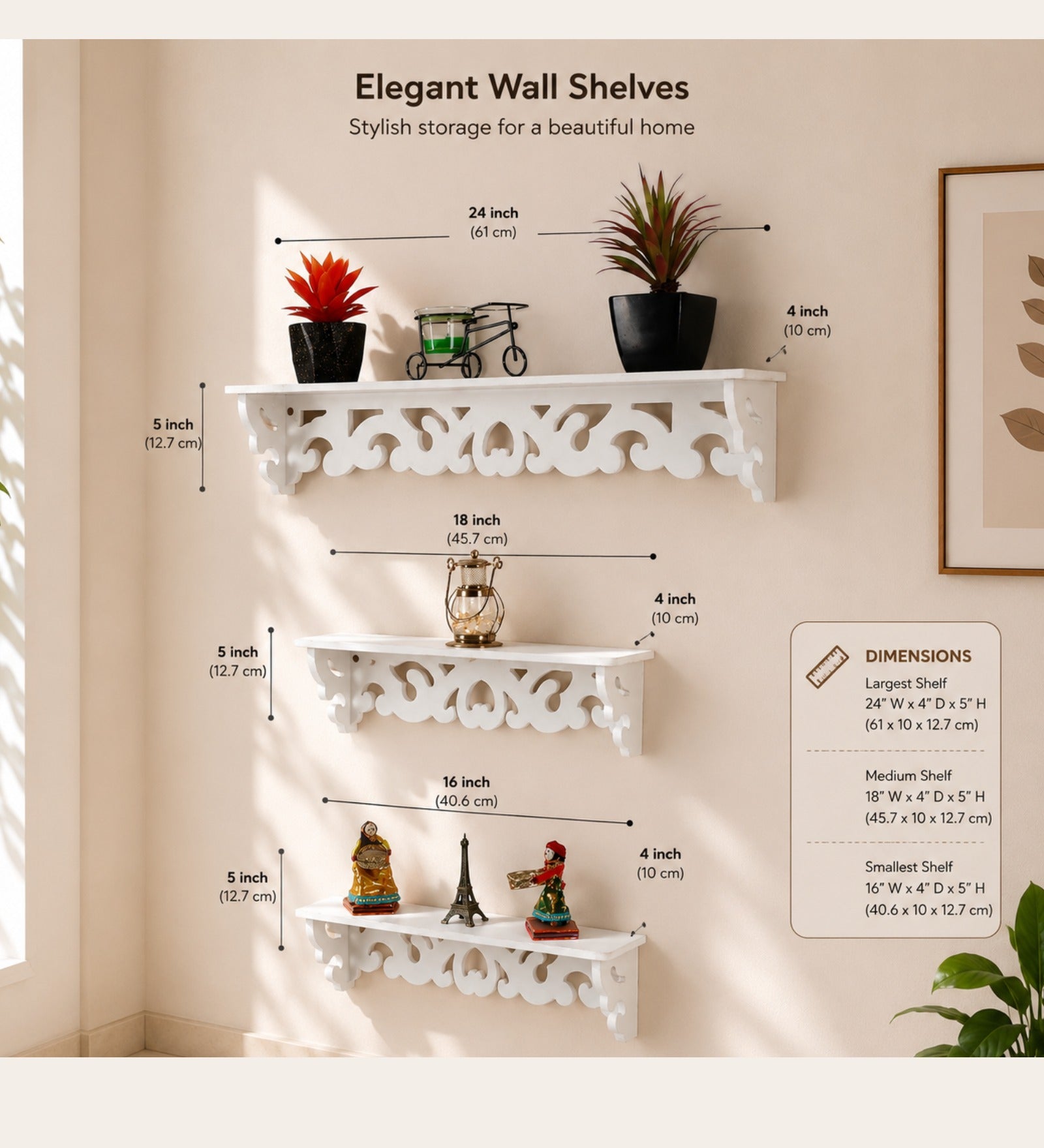 3D Carved Wall Shelf - White Finish - additional angle 2
