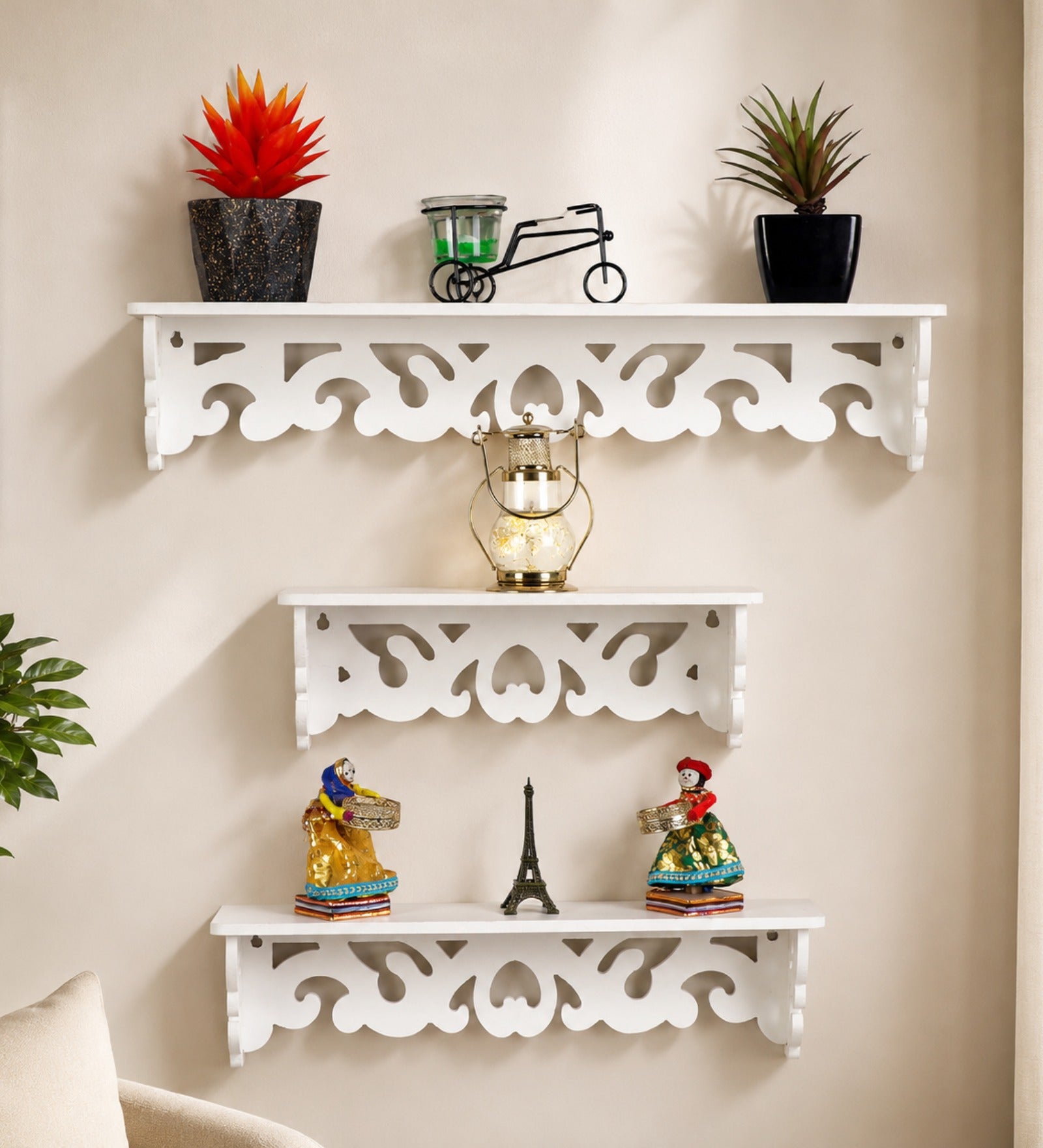 3D Carved Wall Shelf - White Finish - additional angle 3