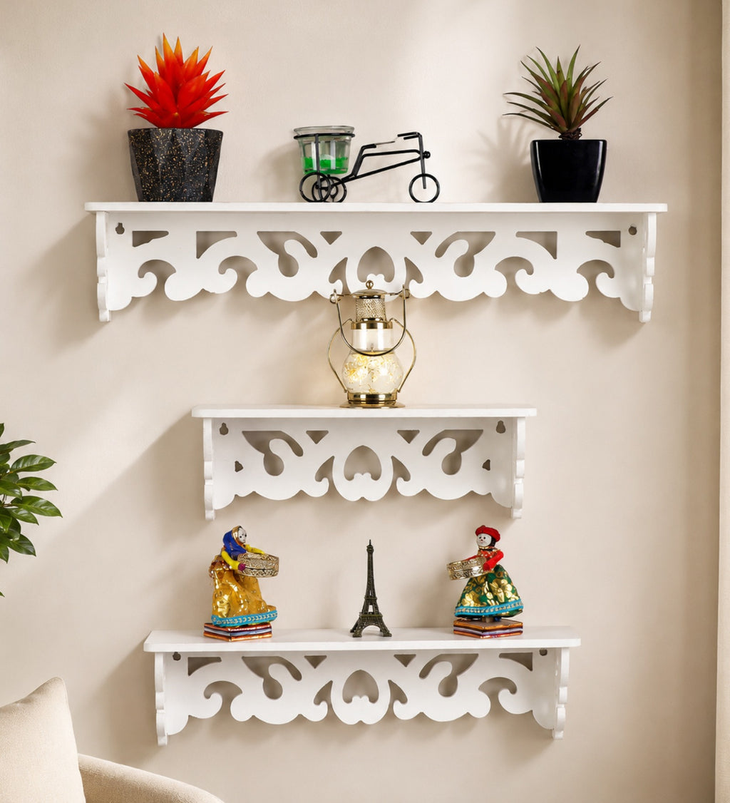 3D Carved Wall Shelf - White Finish