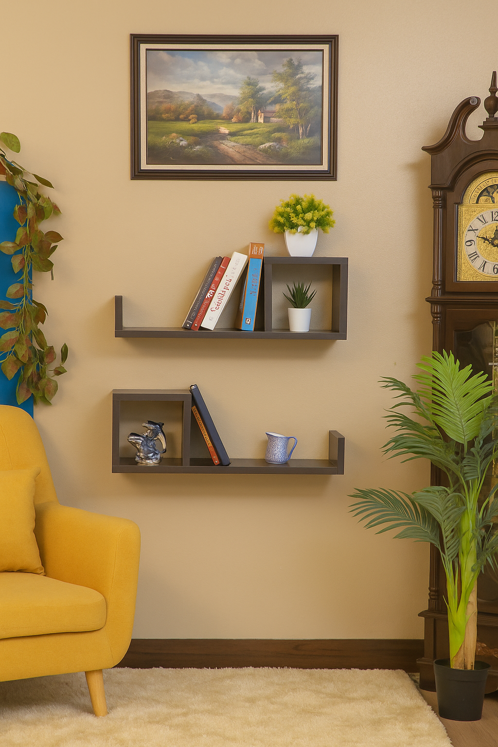Wooden Bookshelves Set of Two - Walnut Finish Wall Shelves - additional angle