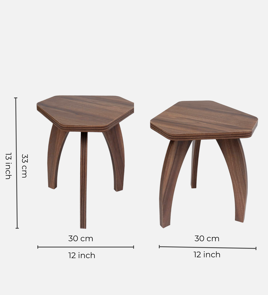 RayTrees Three Leg Pentagon Table | Walnut Finish Stool