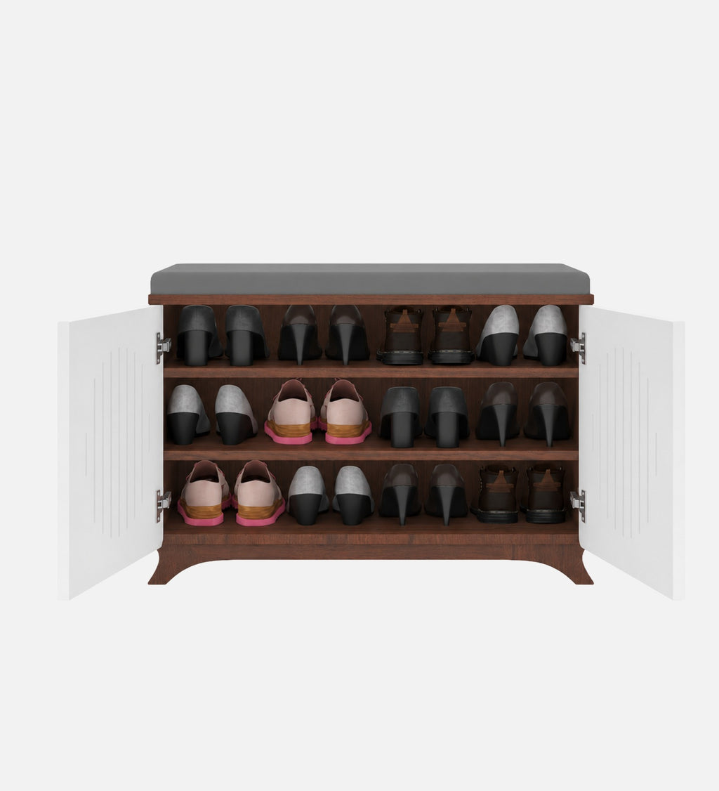 RayTrees Clove 2 Door Shoe Rack with Seating | Walnut &amp; White