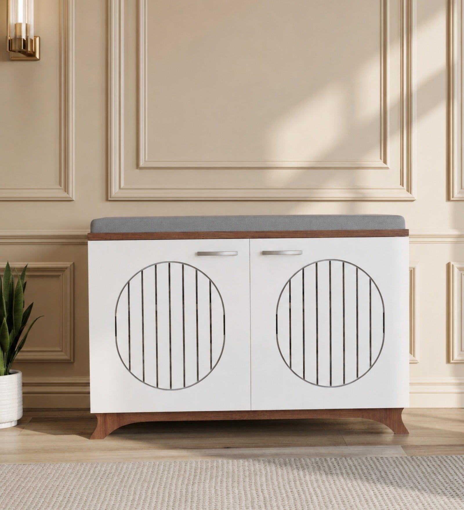 RayTrees Clove 2 Door Shoe Rack with Seating | Walnut &amp; White
