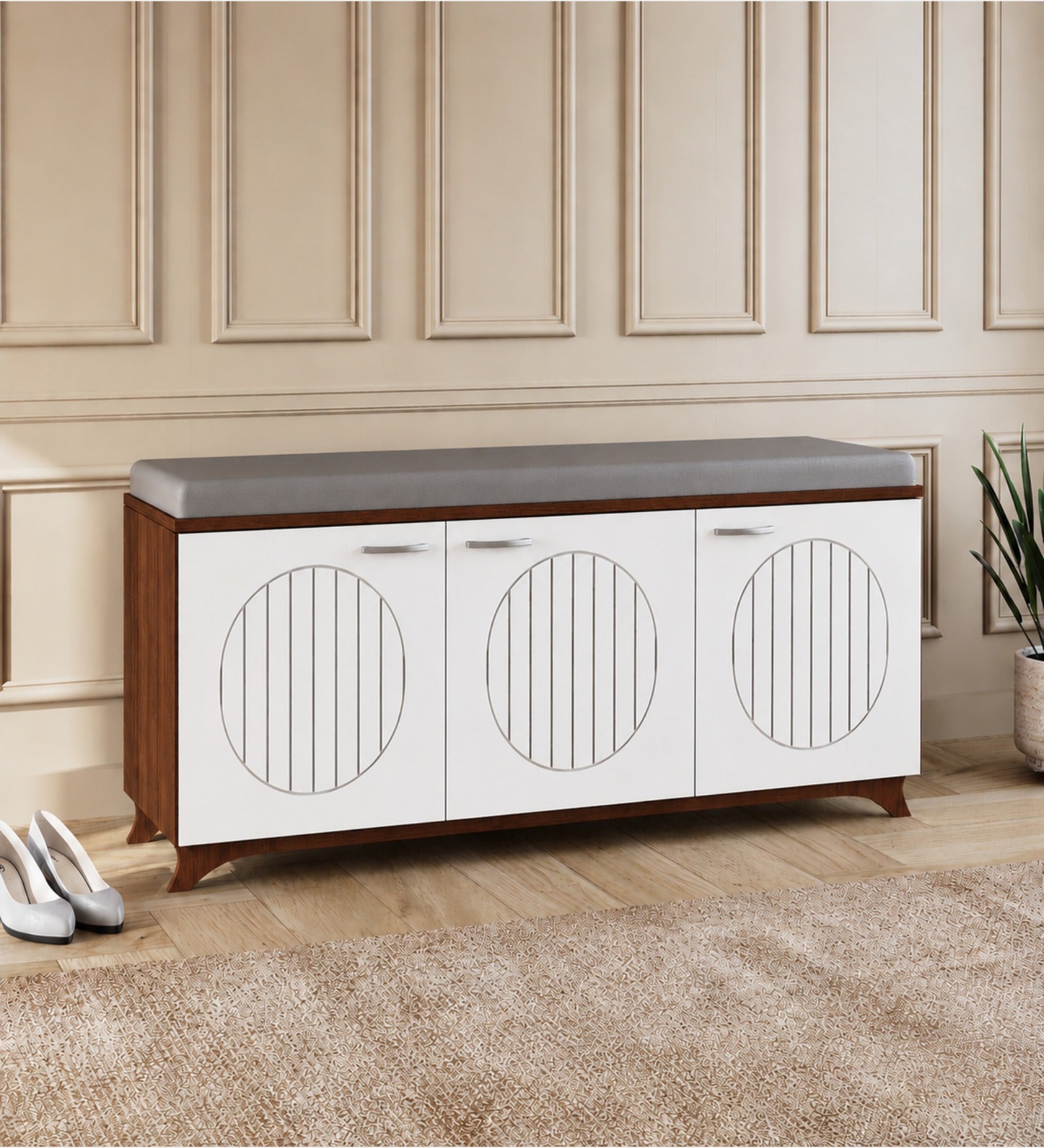 RayTrees Gladiolus 3 Door Shoe Rack with Seating | Walnut &amp; White