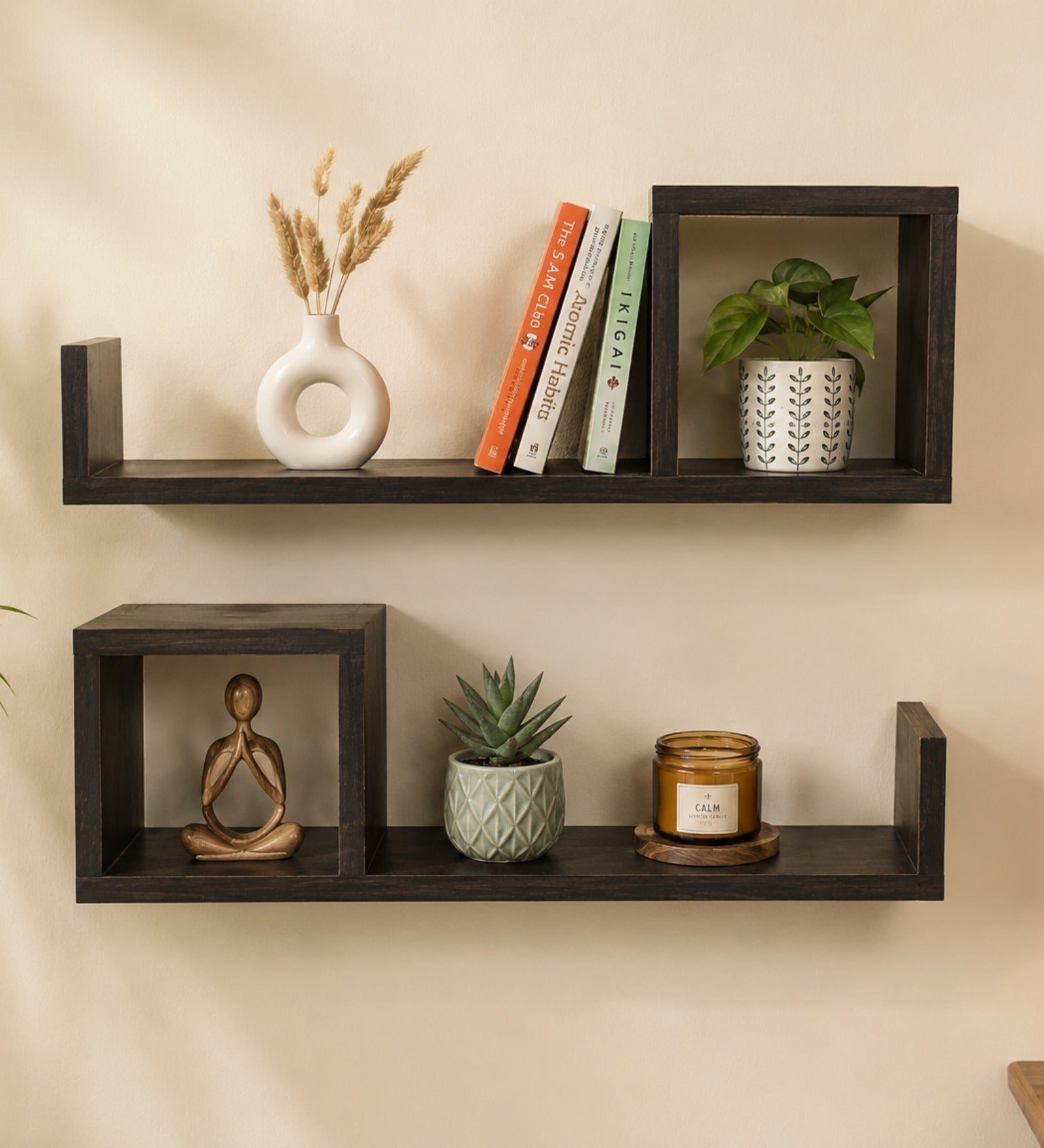 Wooden Bookshelves Set of Two - Walnut Finish Wall Shelves